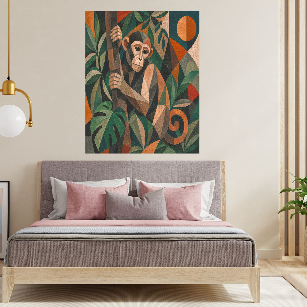Art Deco Geometric Monkey Wall Art Printable, Green Orange Jungle Primate Portrait Poster, Tropical Safari Home Decor Print, Digital Download, 300 DPI