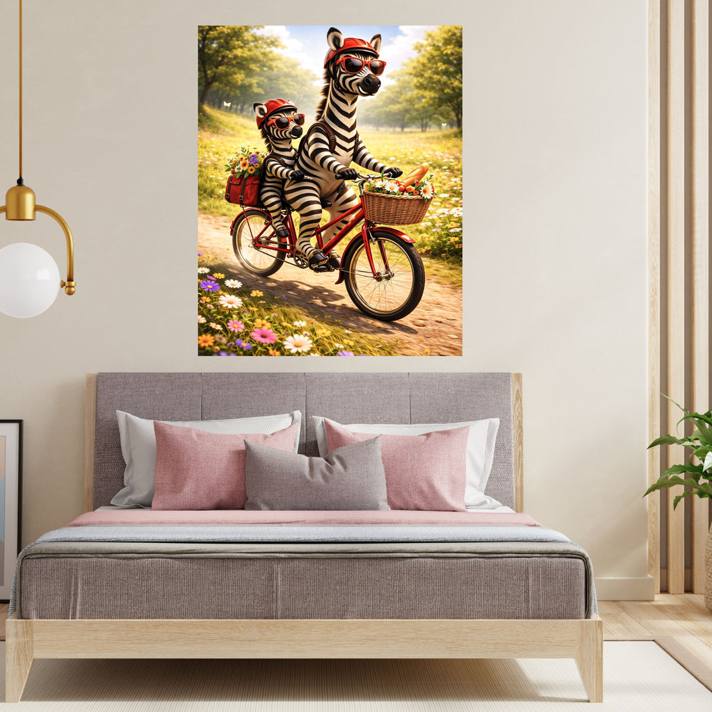 Zebra Mother and Foal Bicycle Adventure Wall Art Bundle, Commercial Use Cute Zebra Red Helmet Sunglasses Wildflower Meadow Bike Ride Safari Nursery Poster, Animal Cycling POD Print, Digital Download, 300 DPI