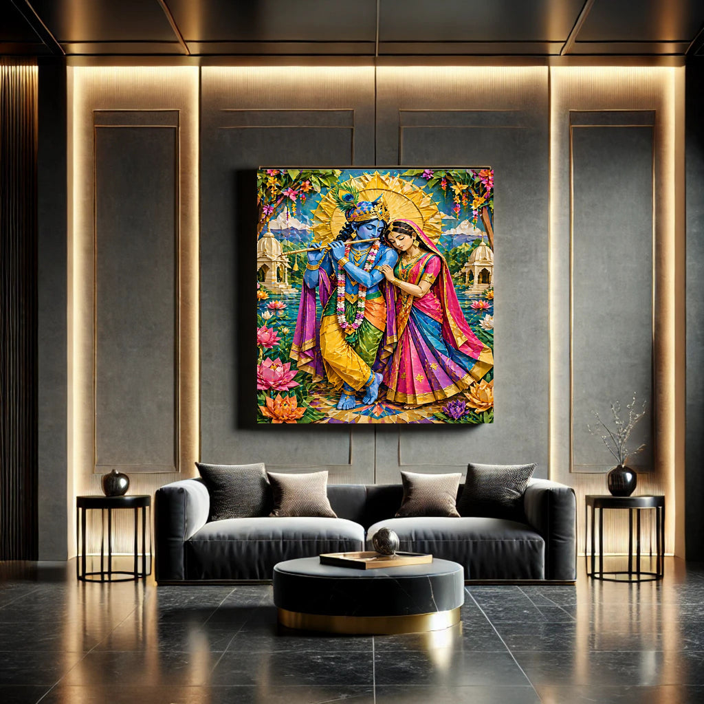 Paper Craft Radha Krishna Wall Art Printable | Colourful Quilling Folk Art Couple Bansuri Lotus Temple Sunburst Halo | Vibrant Hindu Love Spiritual Decor Gift