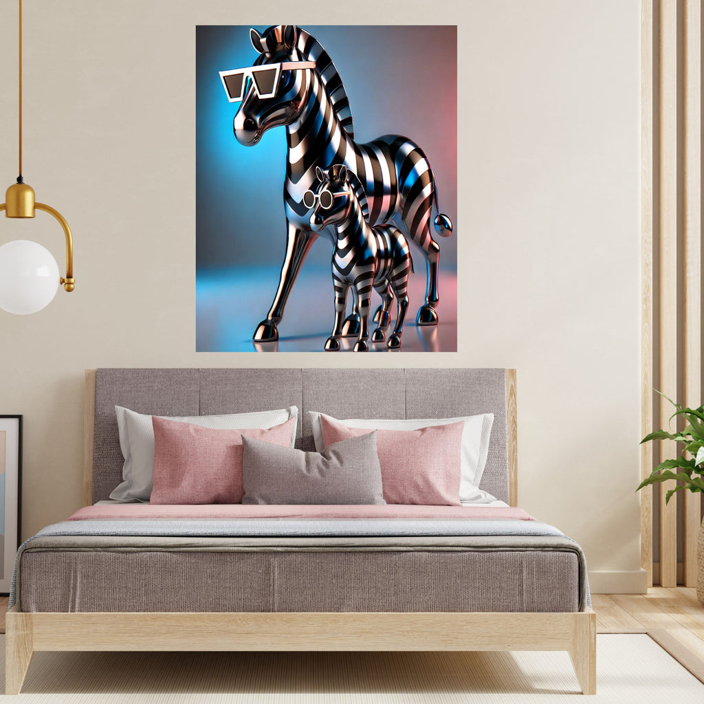 Chrome Metallic Zebra Mother and Foal Wall Art Bundle, Commercial Use Futuristic 3D Zebra Sculpture Sunglasses Neon Studio Glow Modern Luxury Safari Poster, Animal POD Print, Digital Download, 300 DPI