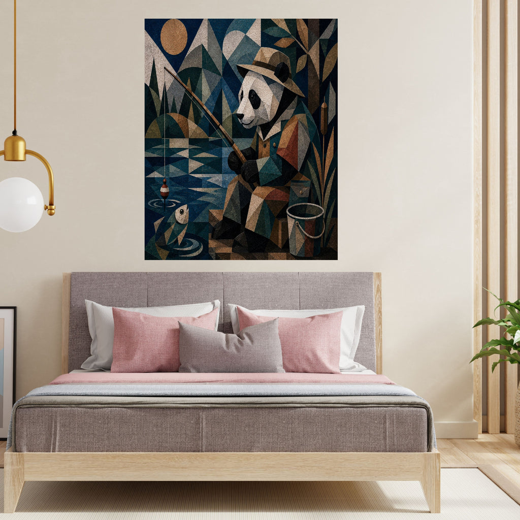 Art Deco Panda Fisherman Wall Art Bundle, Commercial Use Whimsical Nocturnal Panda Fishing by Moonlight, Quirky Animal POD Print, Digital Download, 300 DPI