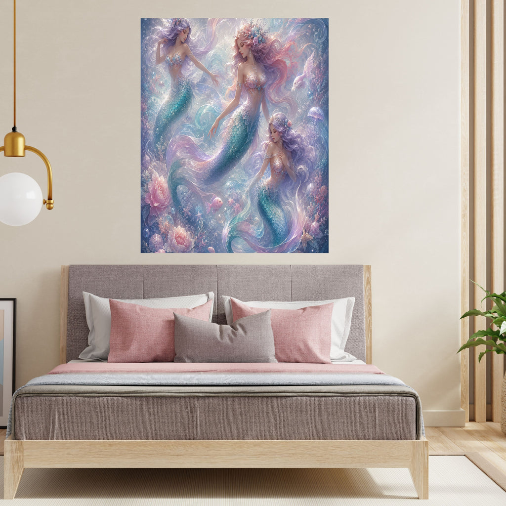 Dreamy Pastel Mermaid Wall Art Printable, Ethereal Mermaid Trio Girls Nursery Poster, Ocean Fantasy Bedroom Print, Instant Digital Download, 300 DPI