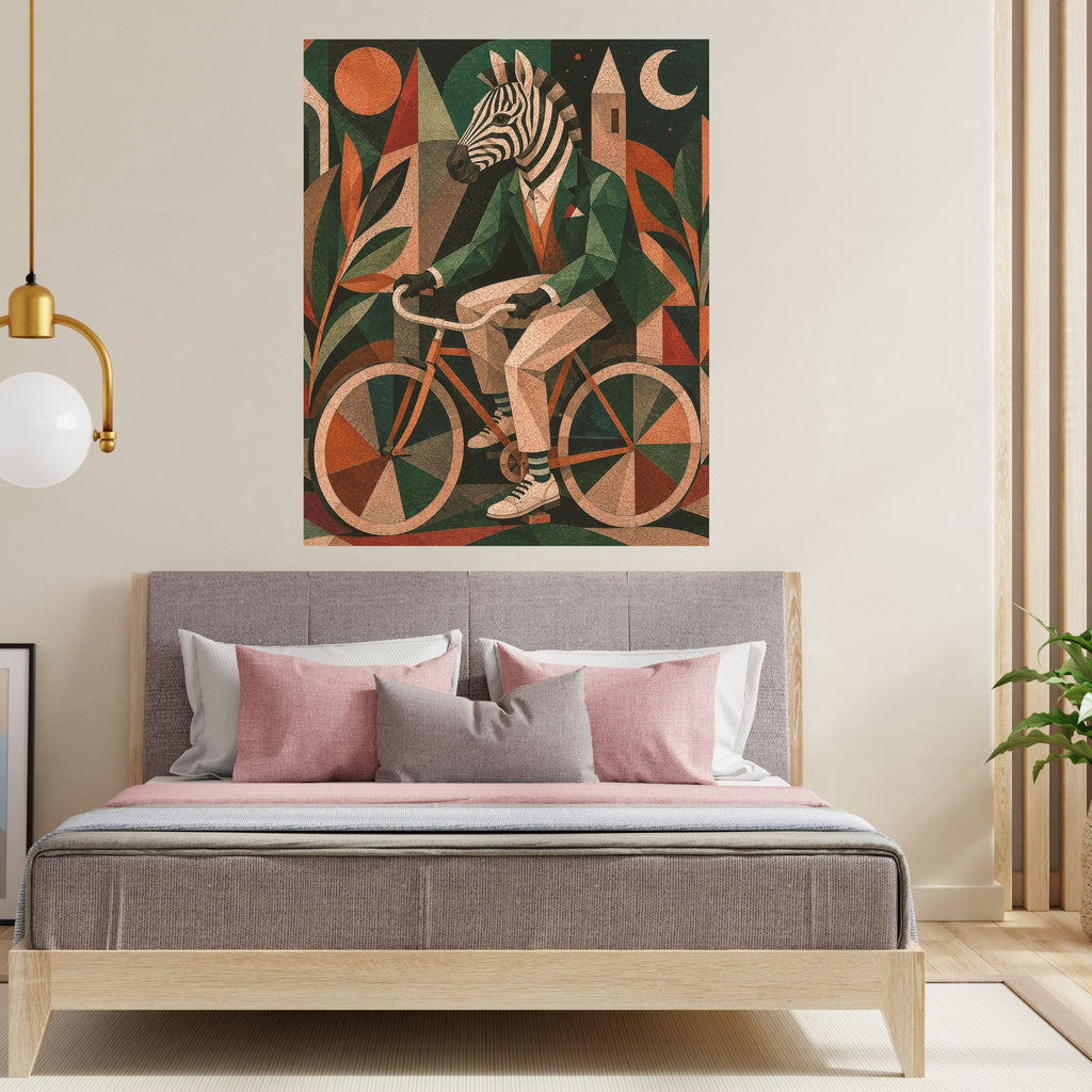 Art Deco Zebra Cyclist Wall Art Printable, Whimsical Anthropomorphic Zebra in Green Suit on Bicycle Poster, Quirky Animal Home Decor Print, Digital Download, 300 DPI