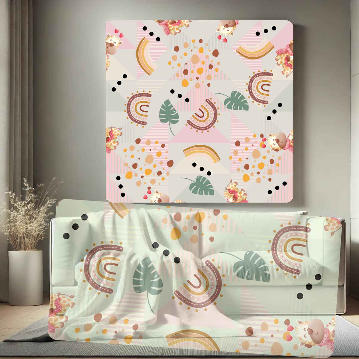 Baby Blue Giraffe Rainbow Boho Kids Seamless Pattern Bundle 10 Colourways - Digital Paper Cute Giraffe Boho Arch Rainbows Monstera Leaves Nursery Fabric Safari Bedroom Personal Use