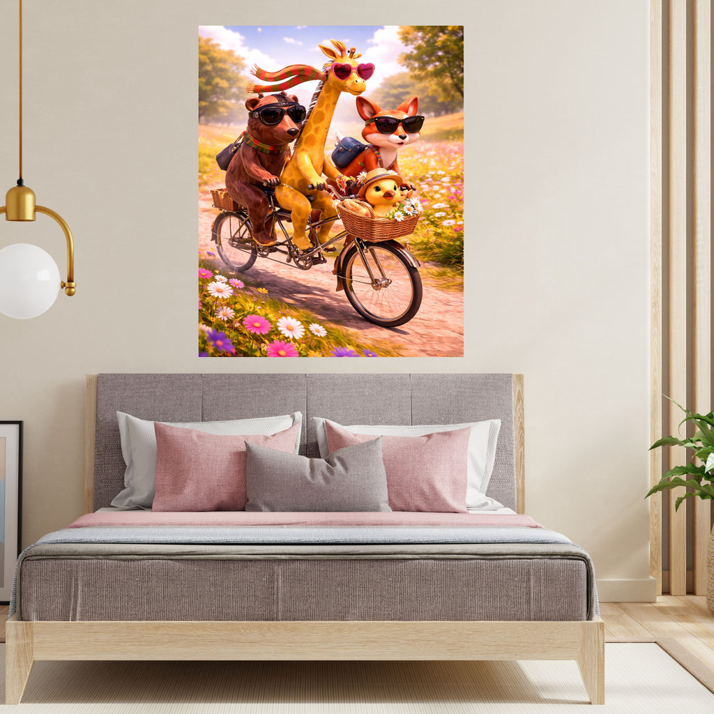Cute Animals Bicycle Adventure Wall Art Bundle, Commercial Use Bear Giraffe Fox Duck Bike Ride Sunglasses Wildflower Meadow Kids Poster, Fun Animal Cycling POD Print, Digital Download, 300 DPI