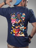 Mockup for downloadable t-shirt designs.Navy blue t-shirt with colorful book-themed design on a gray background