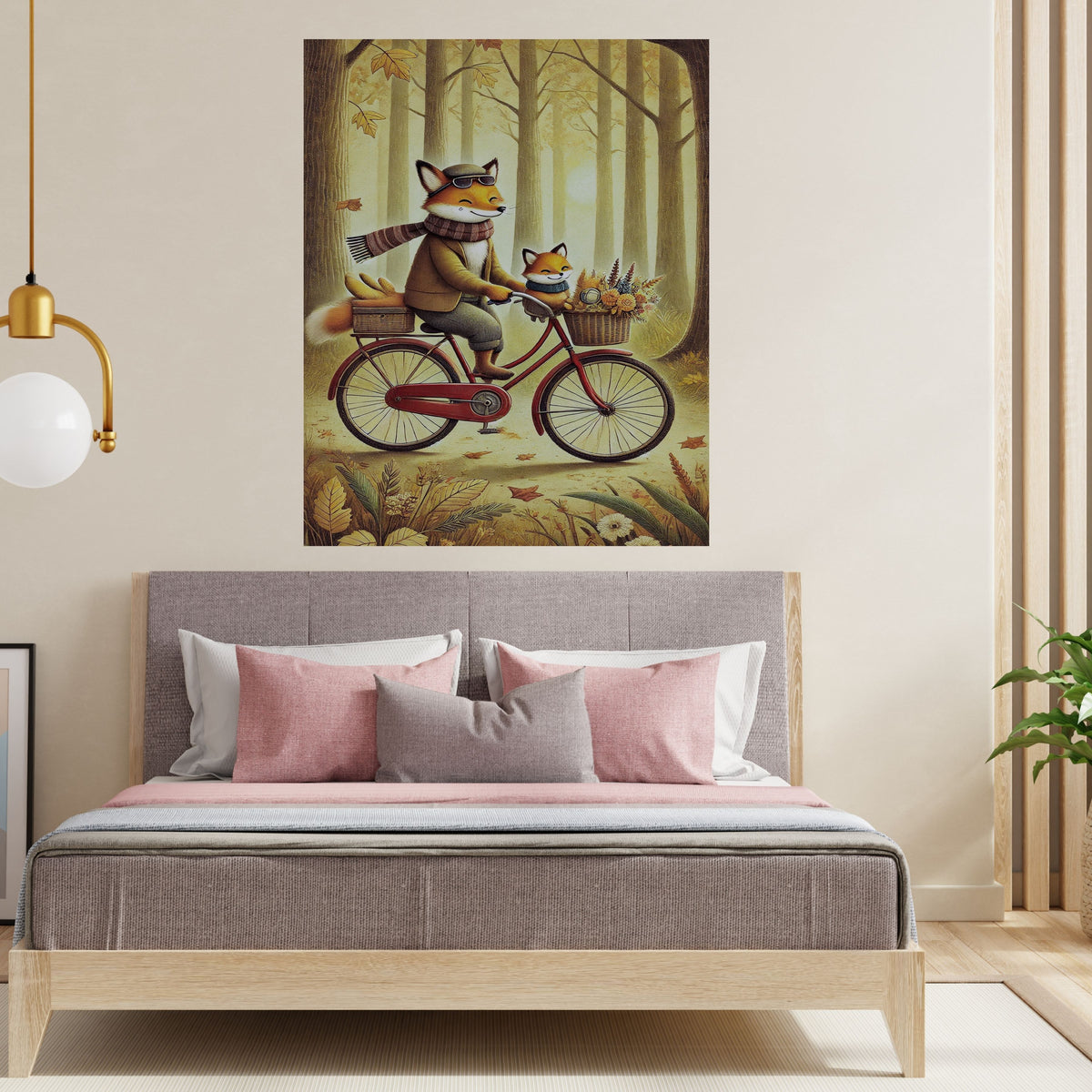 Fox Father and Kit Autumn Forest Bicycle Ride Wall Art Bundle, Commercial Use Dapper Fox Flat Cap Scarf Vintage Red Bike Golden Woodland Nursery Poster, Cosy Storybook Animal Cycling POD Print, Digital Download, 300 DPI