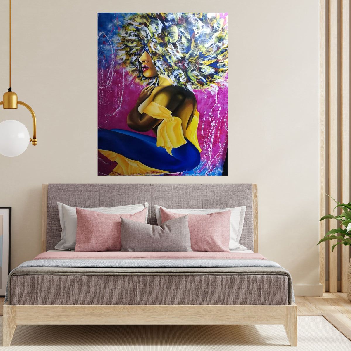 Colorful Curly Hair Woman Portrait Printable | Commercial Use Fashion Wall Art | Fuchsia and Blue Statement Decor | Instant Digital Download