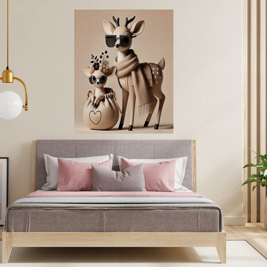 Fashionable Deer Mother and Fawn Wall Art Printable, Cute Deer with Sunglasses Floral Crown Scarf Nursery Poster, Beige Boho Baby Shower Home Decor Print, Digital Download, 300 DPI