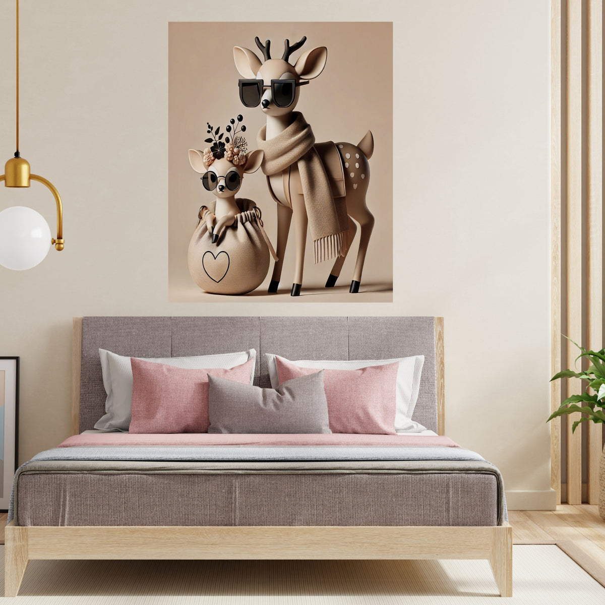 Fashionable Deer Mother and Fawn Wall Art Bundle, Commercial Use Cute Deer Sunglasses Floral Crown Scarf Nursery Poster, Beige Boho Baby Shower POD Print, Digital Download, 300 DPI