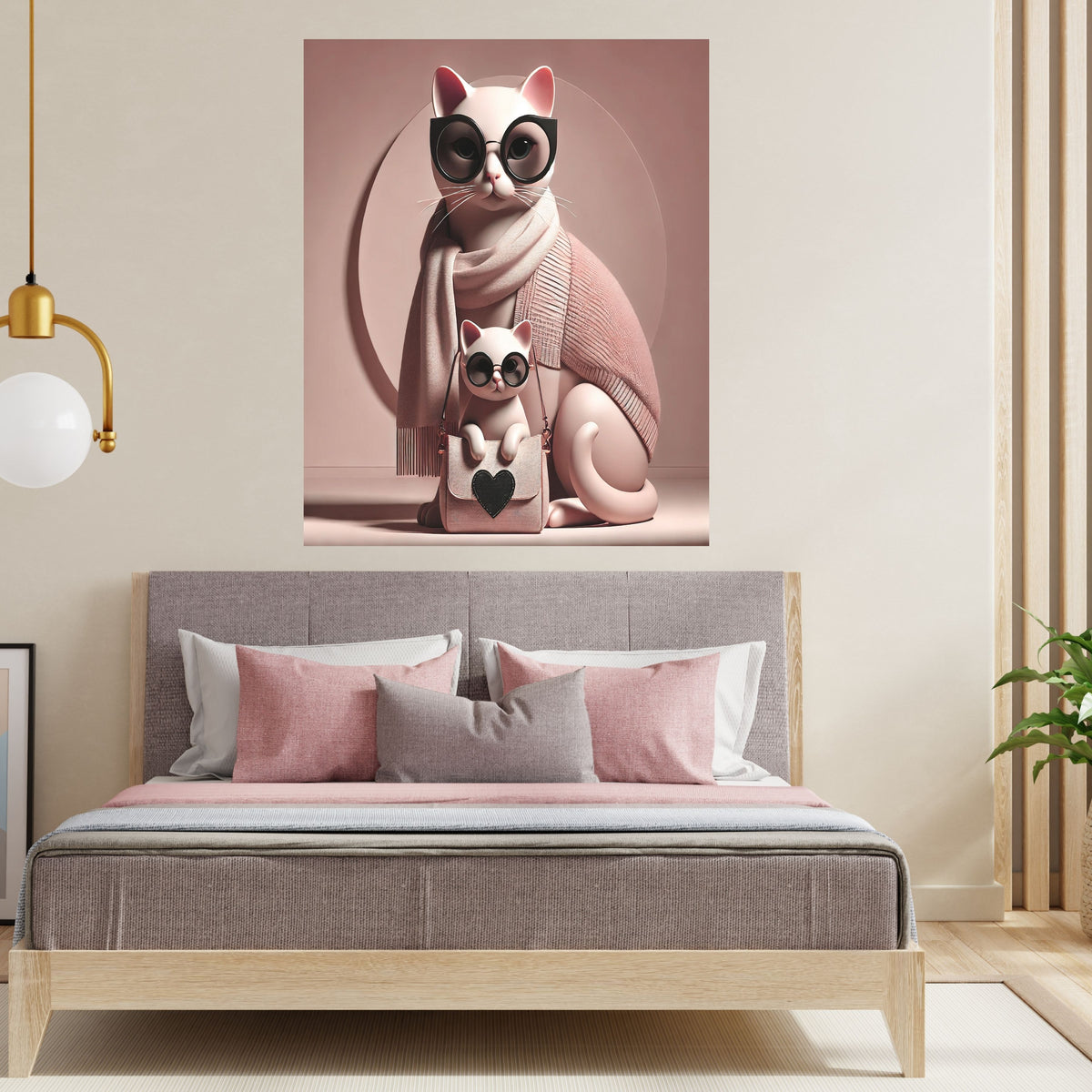 Fashionable Cat Mother and Kitten Wall Art Printable, Cute Cat with Sunglasses Pink Scarf Heart Bag Nursery Poster, Blush Pink Cat Lover Home Decor Print, Digital Download, 300 DPI