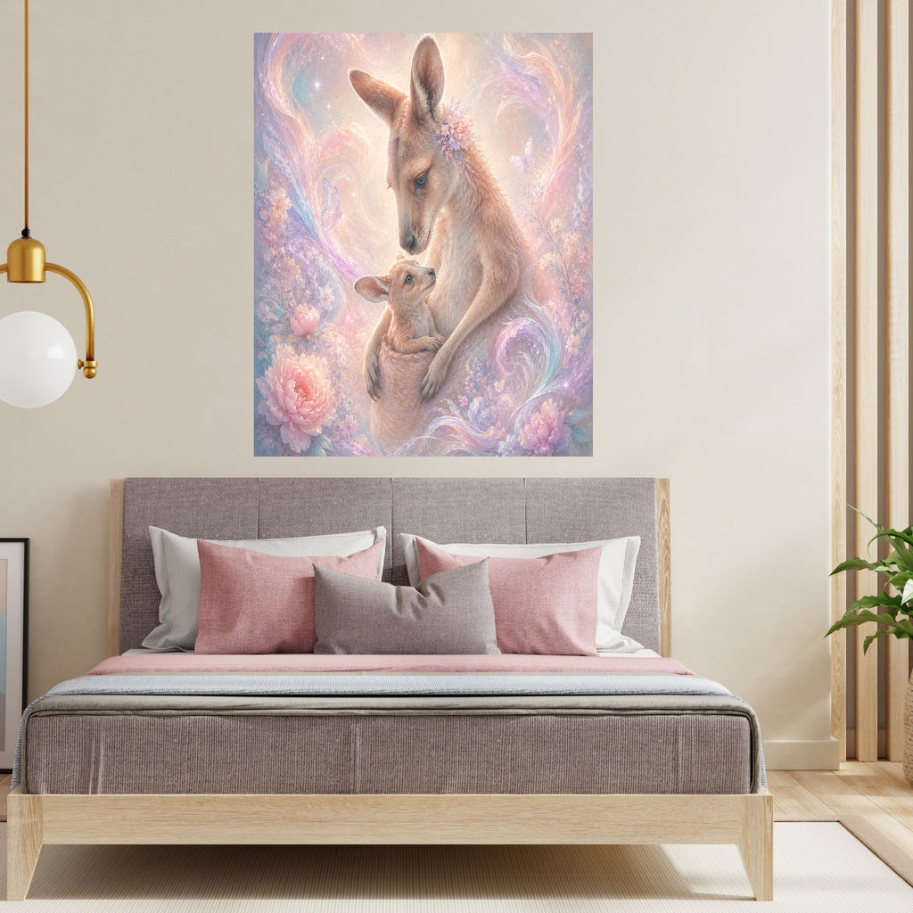 Dreamy Pastel Kangaroo Nursery Wall Art Printable, Mother and Joey Floral Love Poster, Australian Animal Kids Bedroom Print, Instant Digital Download, 300 DPI