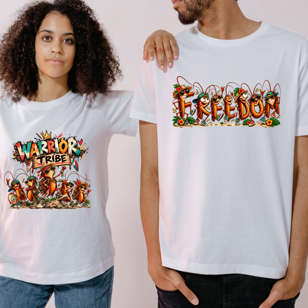 design mock ups. Design can be used on t-shirt, mug, wall paper, sticker, and more. Two models wearing white graphic t-shirts. The model on the left wears a white t-shirt with a colorful 'WARRIOR TRIBE' graphic, and the model on the right wears a white t-shirt with a colorful 'FREEDOM' graphic.