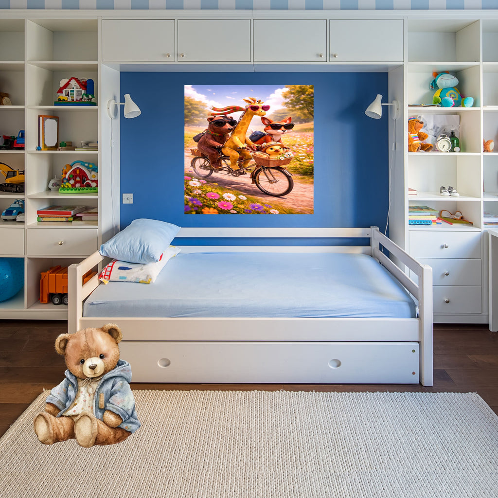 Cute Animals Bicycle Adventure Wall Art Bundle, Commercial Use Bear Giraffe Fox Duck Bike Ride Sunglasses Wildflower Meadow Kids Poster, Fun Animal Cycling POD Print, Digital Download, 300 DPI