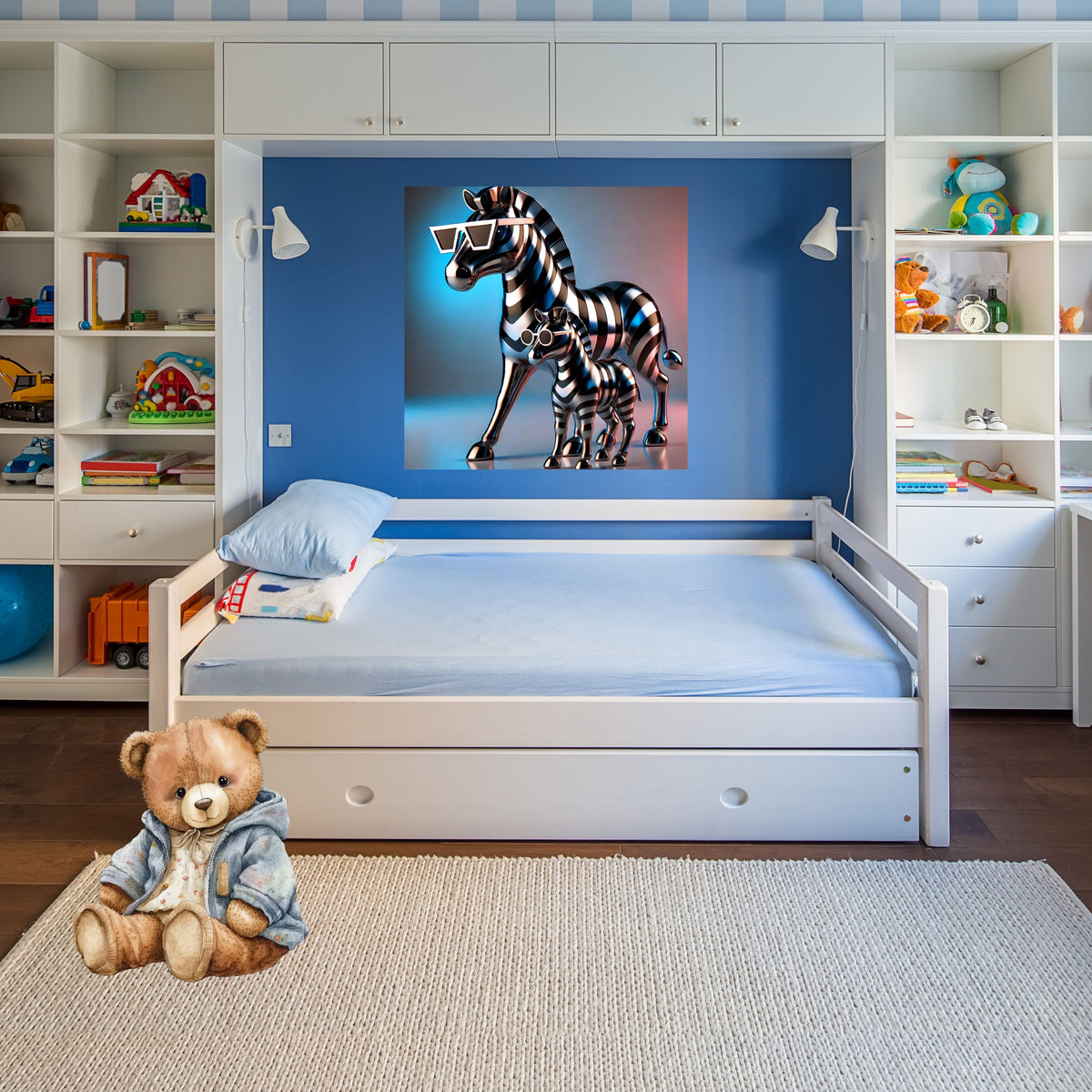 Chrome Metallic Zebra Mother and Foal Wall Art Bundle, Commercial Use Futuristic 3D Zebra Sculpture Sunglasses Neon Studio Glow Modern Luxury Safari Poster, Animal POD Print, Digital Download, 300 DPI