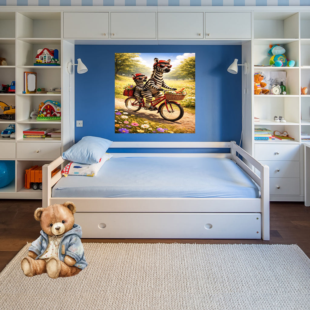 Zebra Mother and Foal Bicycle Adventure Wall Art Bundle, Commercial Use Cute Zebra Red Helmet Sunglasses Wildflower Meadow Bike Ride Safari Nursery Poster, Animal Cycling POD Print, Digital Download, 300 DPI