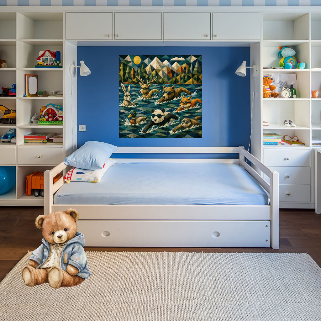 Woodland Animal Swimming Race Wall Art Bundle, Commercial Use Geometric Low-Poly Panda Bear Stag Fox Rabbit Duck Otter Goggle Swim Nursery Poster, Athletic Adventure POD Print, Digital Download, 300 DPI