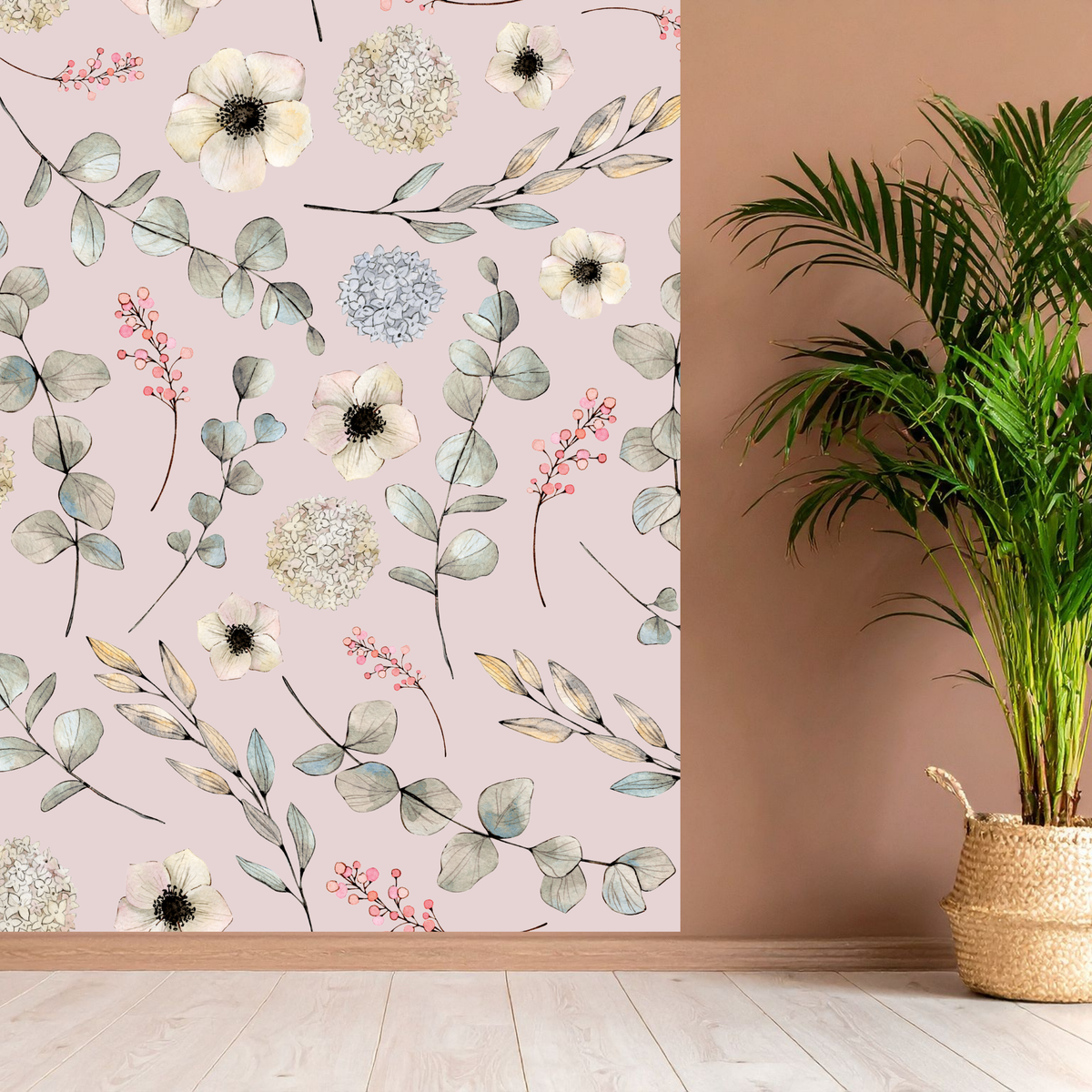 Blush Pink Anemone Hydrangea Eucalyptus Watercolour Botanical Seamless Pattern Bundle 10 Colourways - Digital Paper White Anemone Blue Hydrangea Berry Sprigs Bridal Fabric Personal Use
