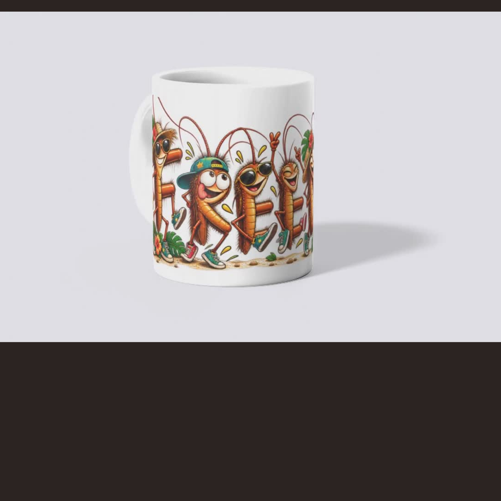 design mock ups. Design can be used on t-shirt, mug, wall paper, sticker, and more. A white ceramic coffee mug featuring a colorful cartoon illustration of dancing crickets, shown against a light gray background with a dark brown bar at the bottom.