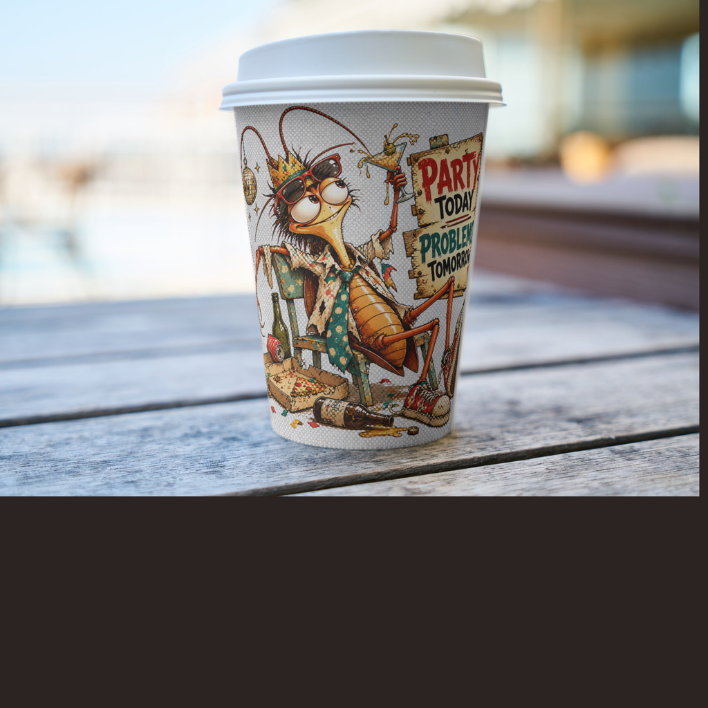 design mock ups. Design can be used on t-shirt, mug, wall paper, sticker, and more. A white paper coffee cup with a white lid sits on a weathered wooden table outdoors. The cup features a colorful cartoon illustration of a cockroach wearing sunglasses and a crown, holding a sign that reads 'PARTY TODAY PROBLEM TOMORROW'.