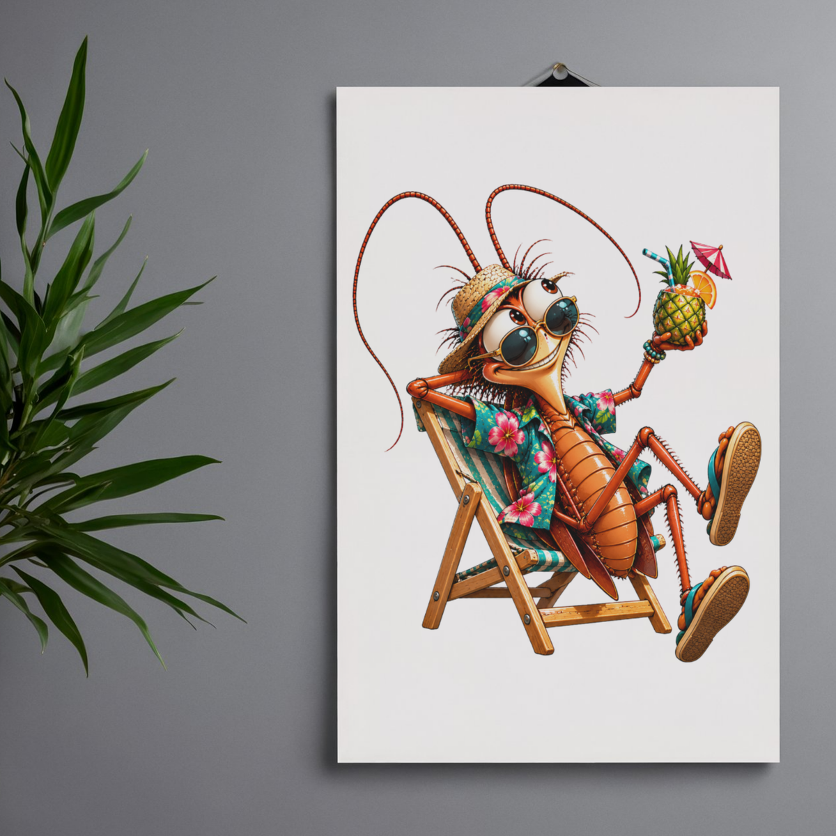 design mock ups. Design can be used on t-shirt, mug, wall paper, sticker, and more. A vertical wall art print featuring a cartoon cockroach wearing sunglasses and a floral lounge chair, hanging on a gray wall with a green plant partially visible at the left edge.