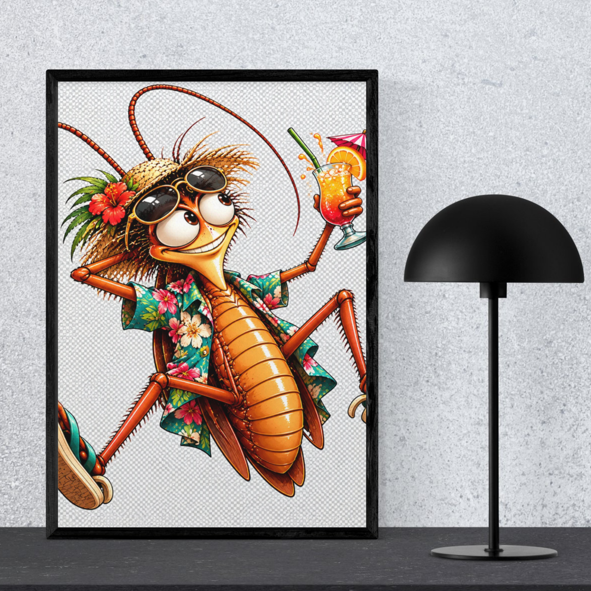 design mock ups. Design can be used on t-shirt, mug, wall paper, sticker, and more. A framed art print featuring a cartoon cockroach wearing a tropical floral shirt, straw hat, and sunglasses while holding a cocktail, displayed on a dark surface next to a black dome lamp against a light gray wall.