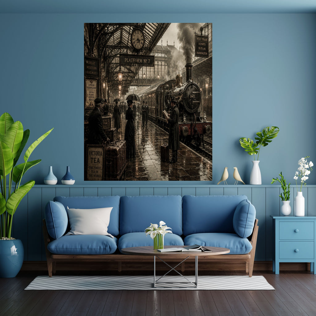 Victorian Steam Train Station Wall Art for Commercial Use, Rainy Railway Scene for Etsy and POD