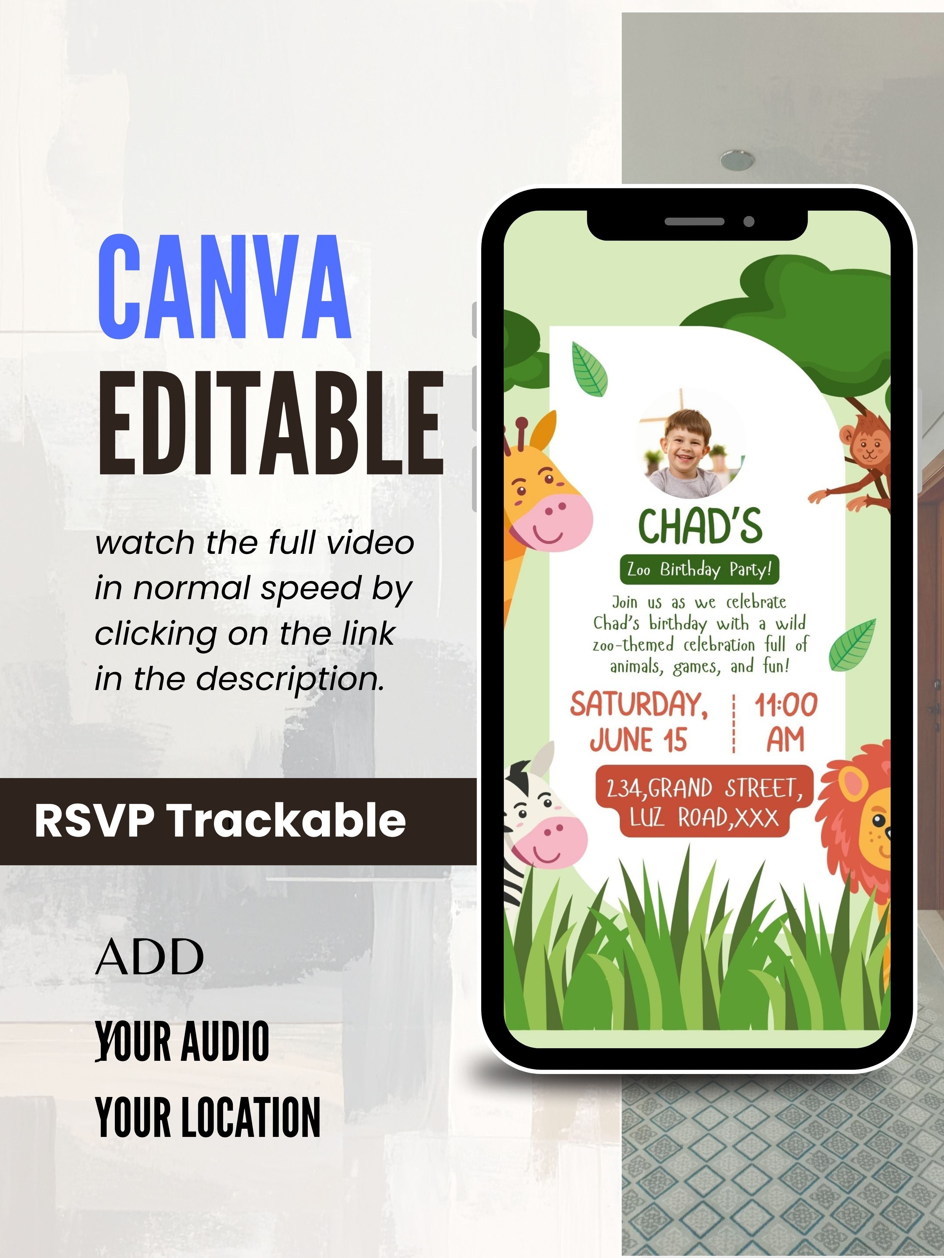 ANIMAL THEME Birthday Invitation Video | Editable Canva pro Template | Kids Party Invite | ki23