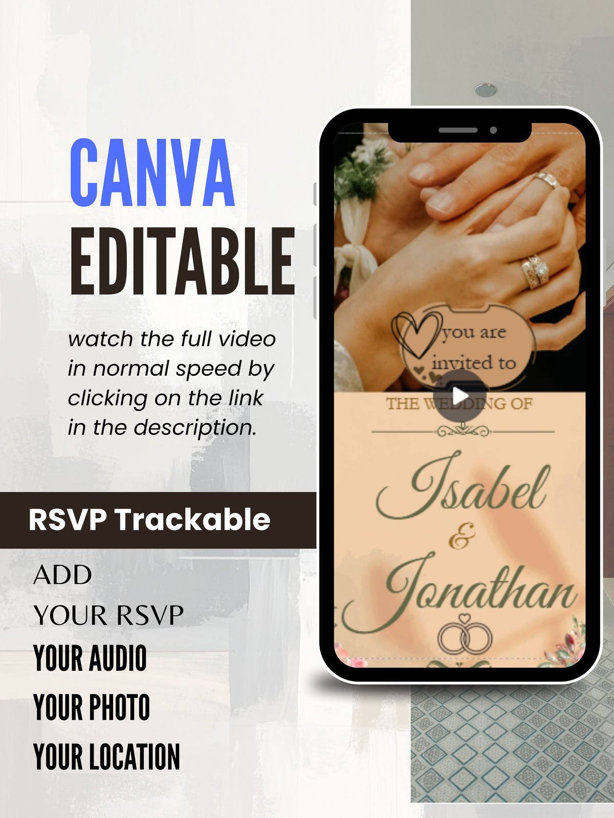 Christian Wedding Invitation Video Template Canva | Peach Watercolour Floral Save the Date | Isabel Weds Jonathan Day of Blessing | Personal Use