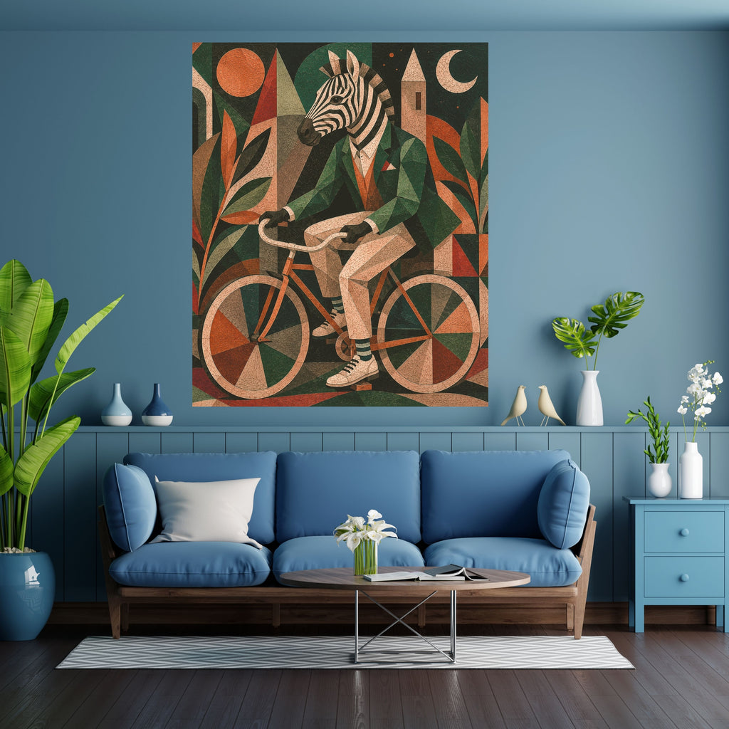 Art Deco Zebra Cyclist Wall Art Bundle, Commercial Use Whimsical Anthropomorphic Zebra in Green Suit on Bicycle, Quirky Animal POD Print, Digital Download, 300 DPI
