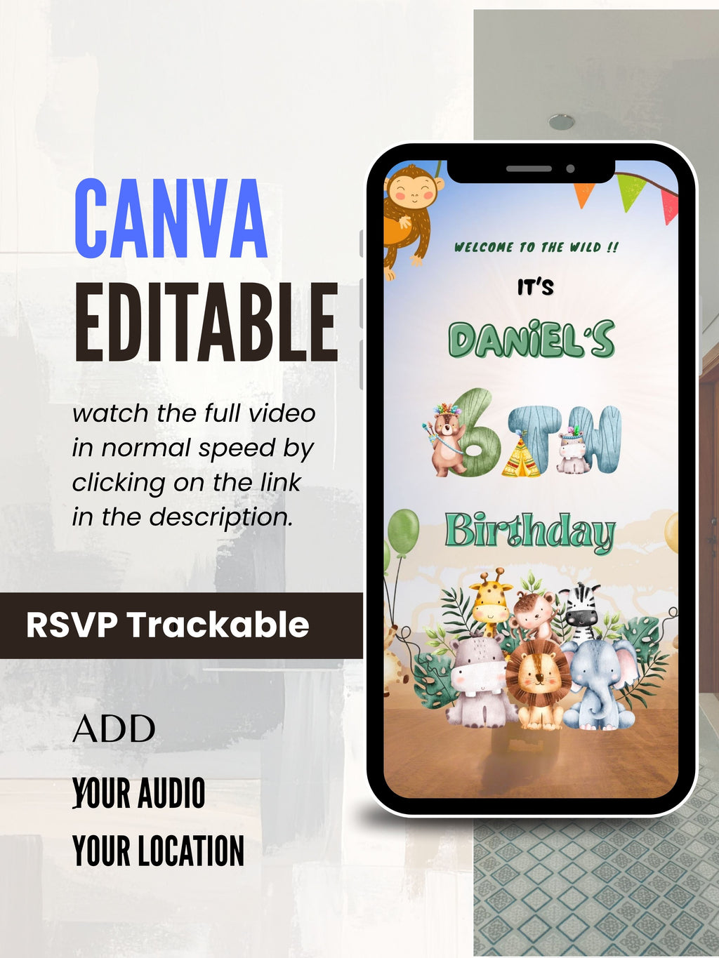 commercial use ANIMAL THEME Birthday Invitation Video | Editable Canva pro Template | Kids Party Invite | ki28c