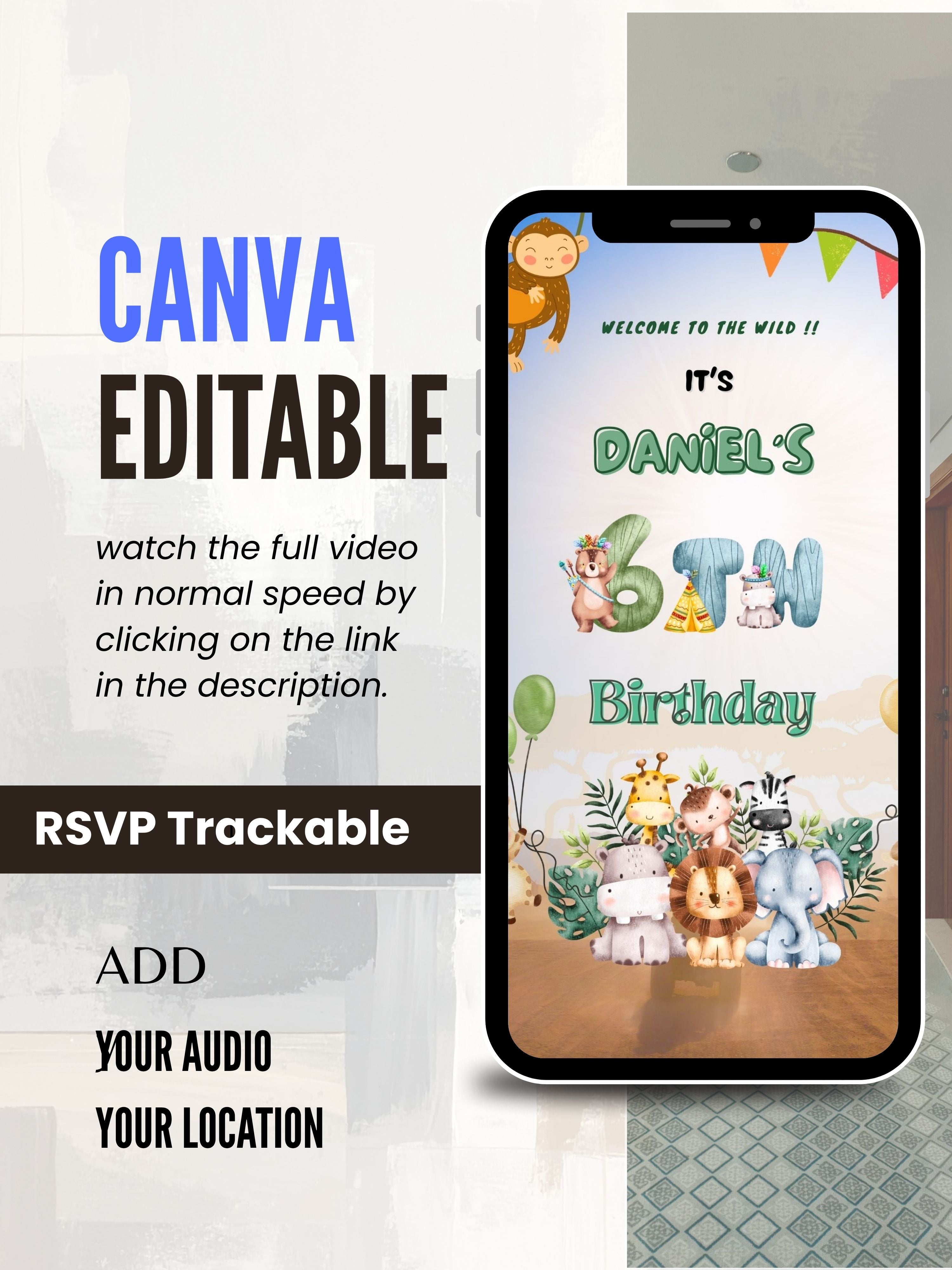 commercial use ANIMAL THEME Birthday Invitation Video | Editable Canva pro Template | Kids Party Invite | ki28c