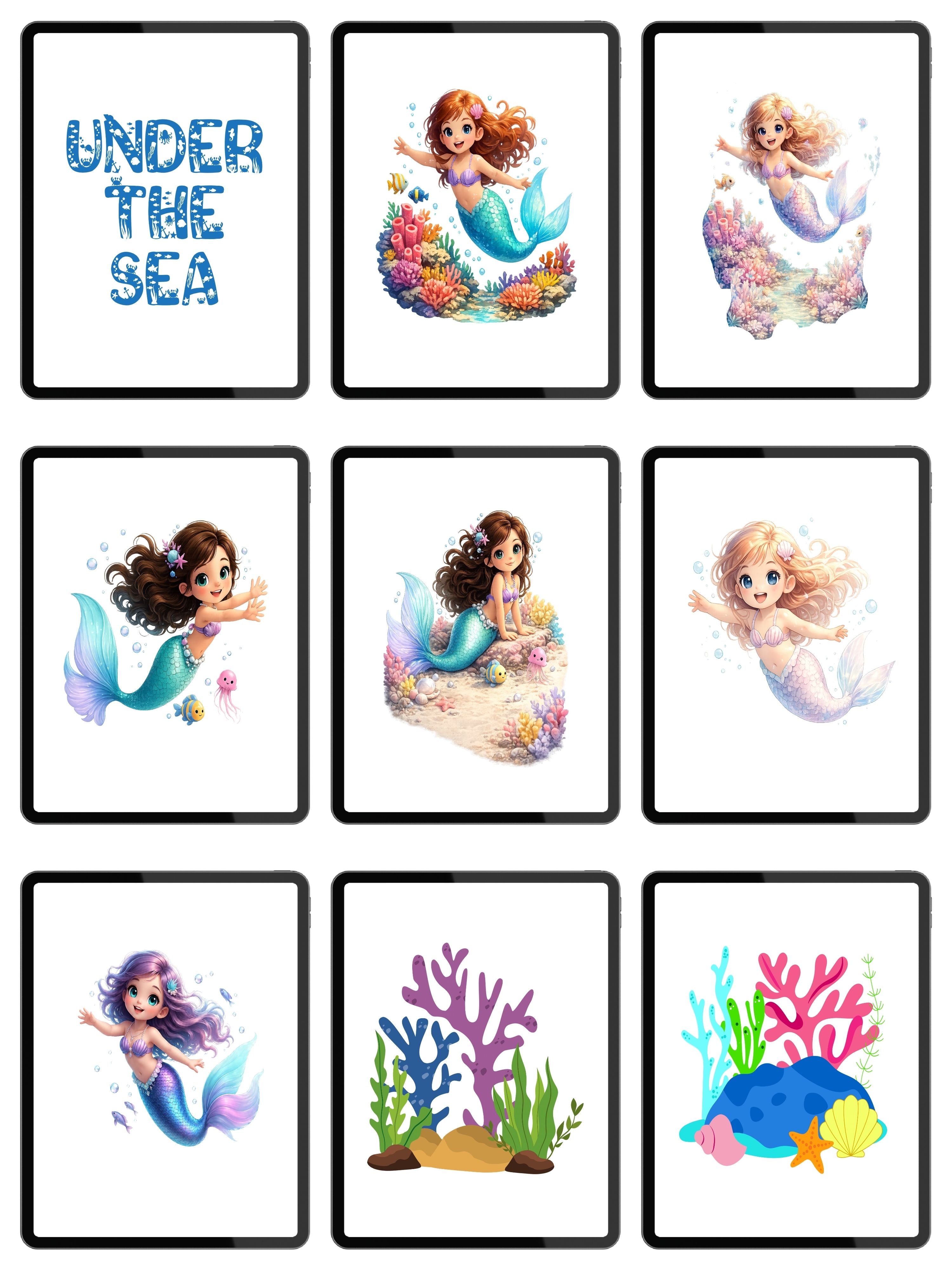 Mermaid Clipart Bundle 60 files PNG, 20 Cute Mermaid Cliparts, Under The Sea Clipart, Kids Fantasy Ocean Art, Transparent PNG|ca1