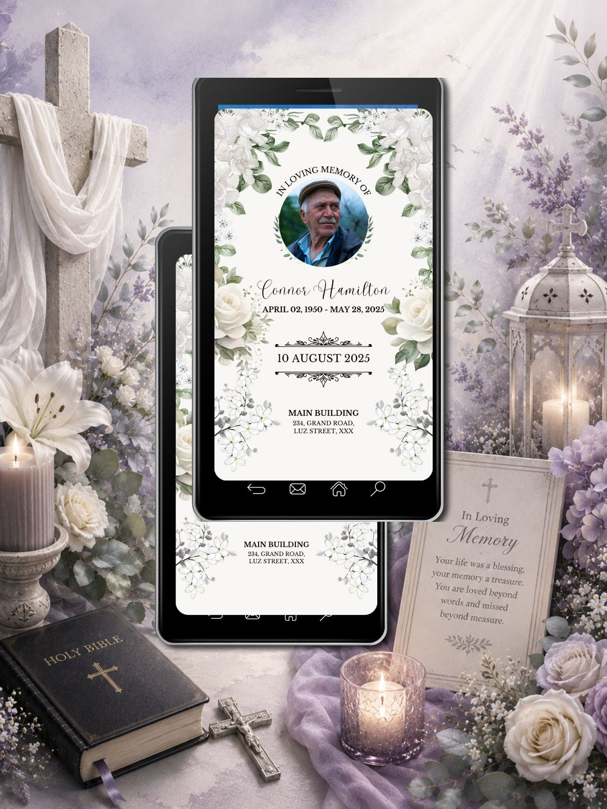 White Floral Memorial Service Video Invitation | Editable Canva Template | Christian Celebration of Life Invite | In Loving Memory | Instant Download