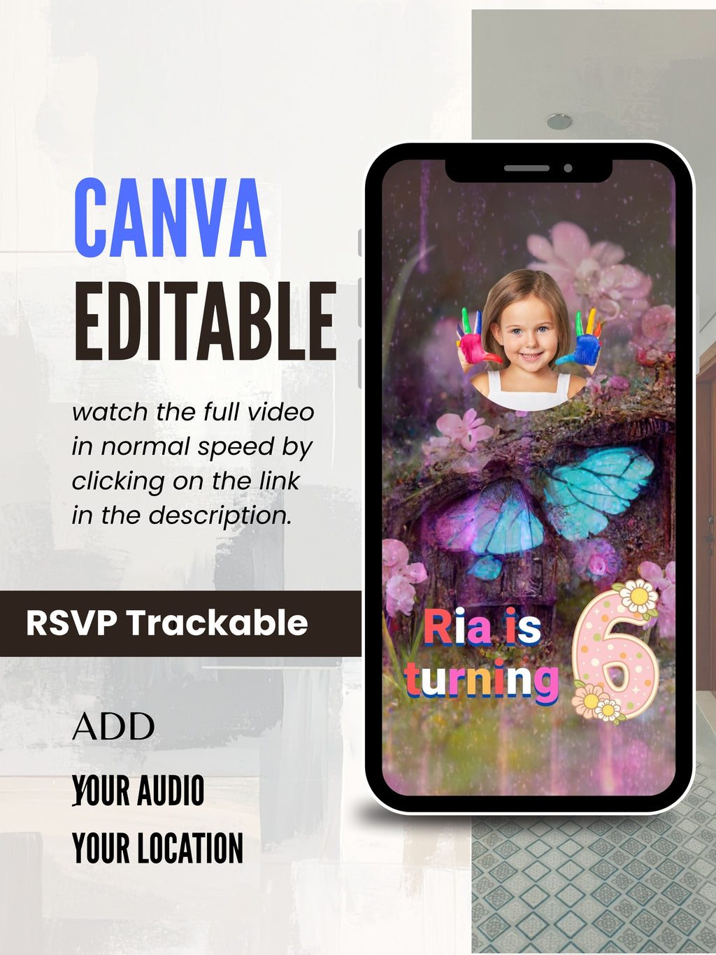Nature Birthday Video Invitation Canva | Oriental Watercolour Bonsai Tree Golden Butterfly White Crane Enchanted Forest Blue Morpho Magenta Blooming Cherry Blossom Violet Sunset | Personal Use Instant Download