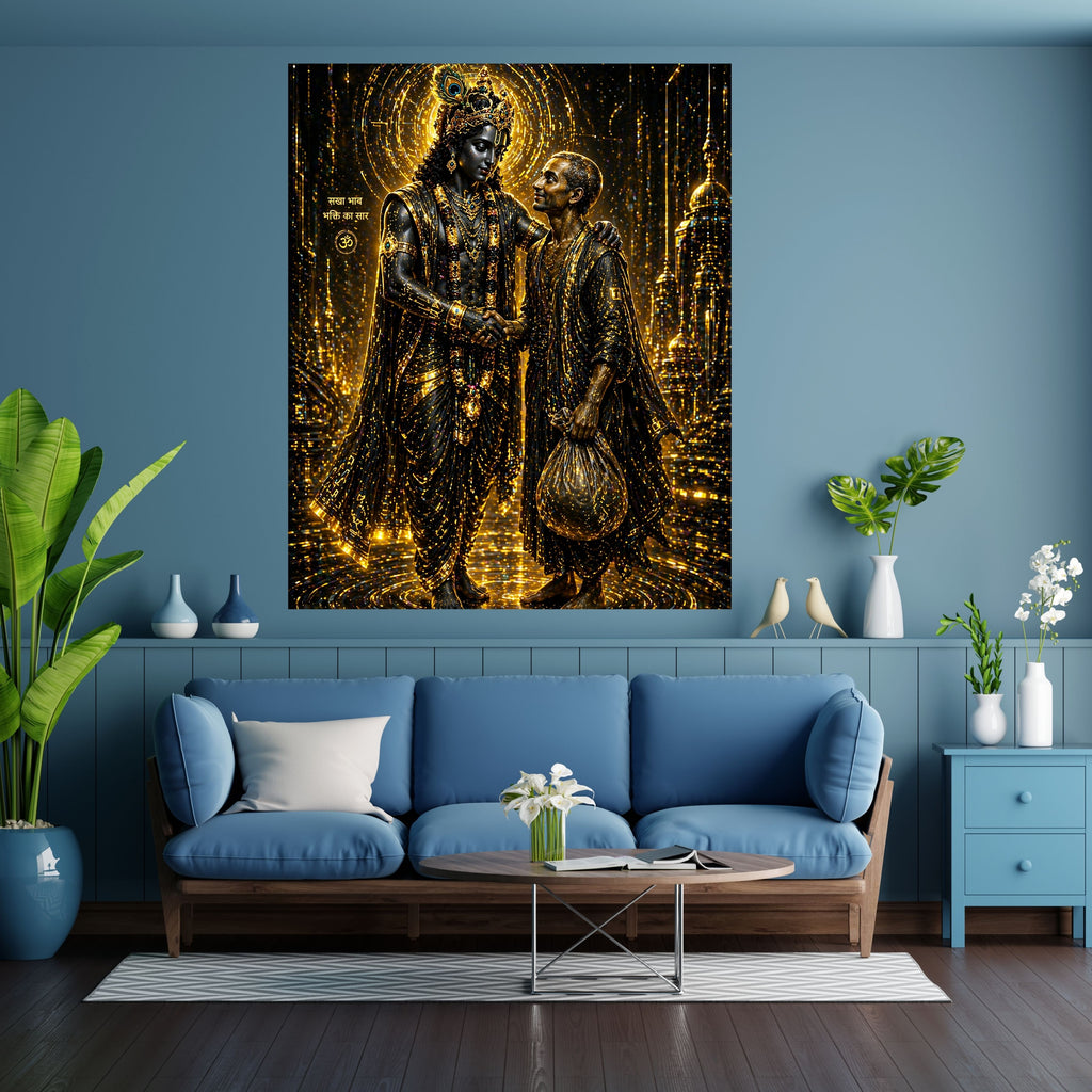 Dark Krishna Sudama Wall Art Printable | Black Gold Luxury Friendship Handshake Sanskrit Sakha Bhav Halo Temple Night | Hindu Spiritual Decor Friendship Gift