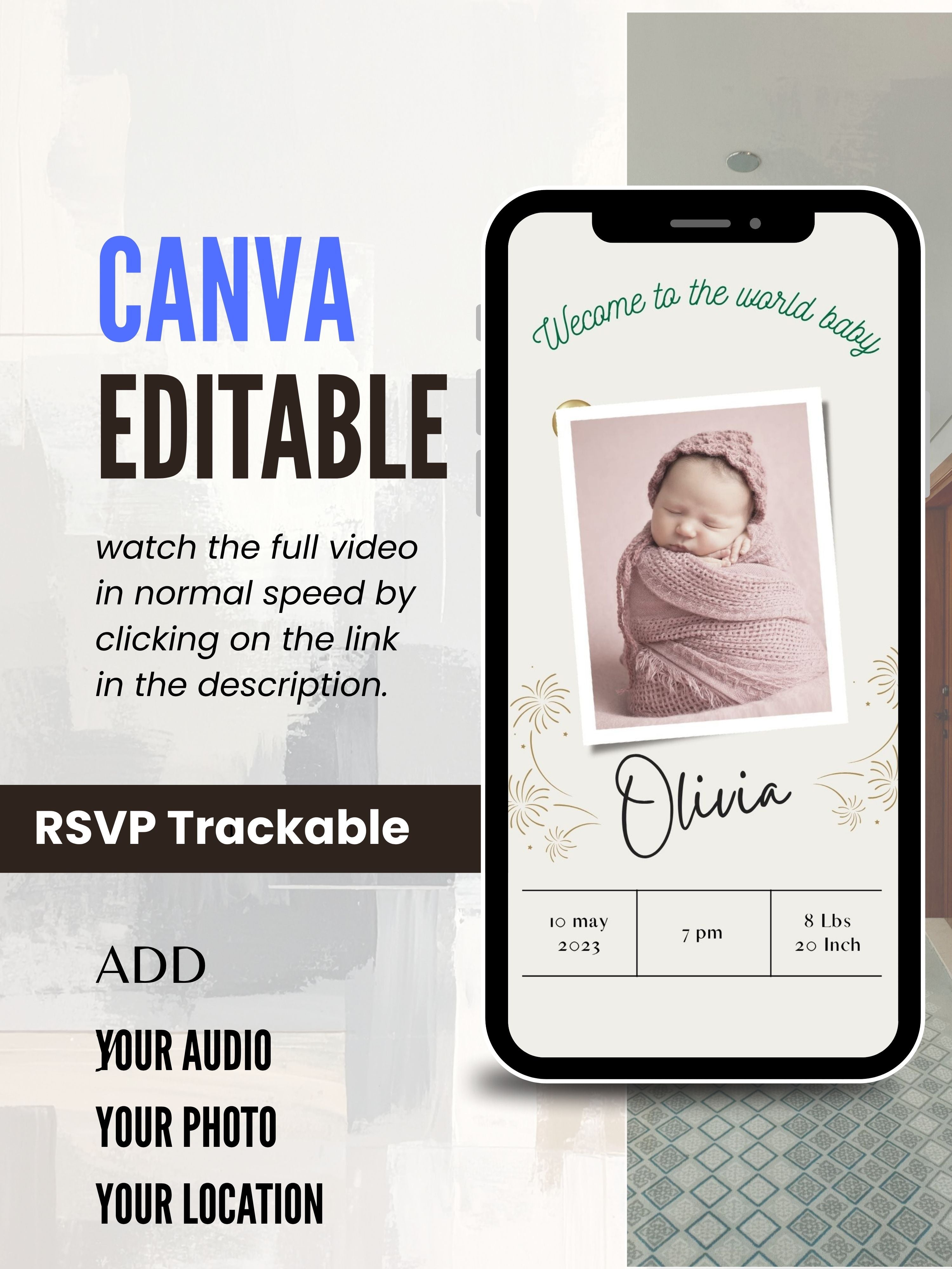 NEWBORN BABY PARTY Welcome Video Invitation | Canva Pro Template | Baby Boy & Baby Girl Party Invite | Instant Download|ki14