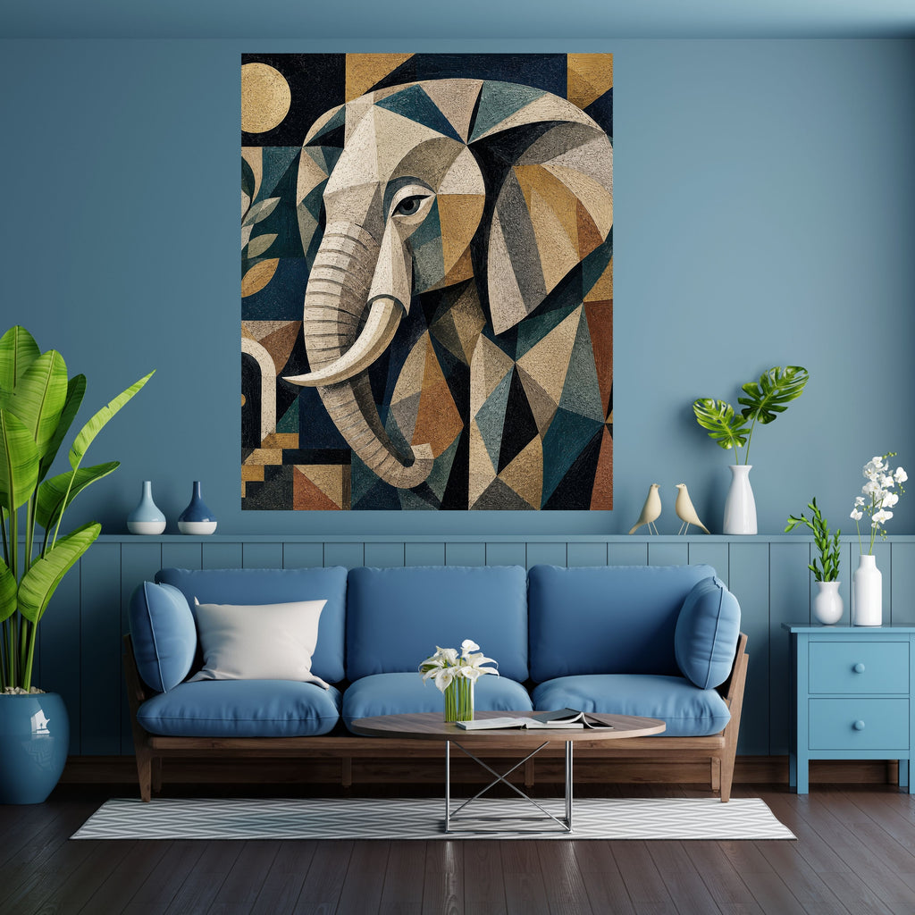 Art Deco Geometric Elephant Wall Art Bundle, Commercial Use Ivory Teal Mosaic Elephant Portrait, African Safari POD Print, Digital Download, 300 DPI