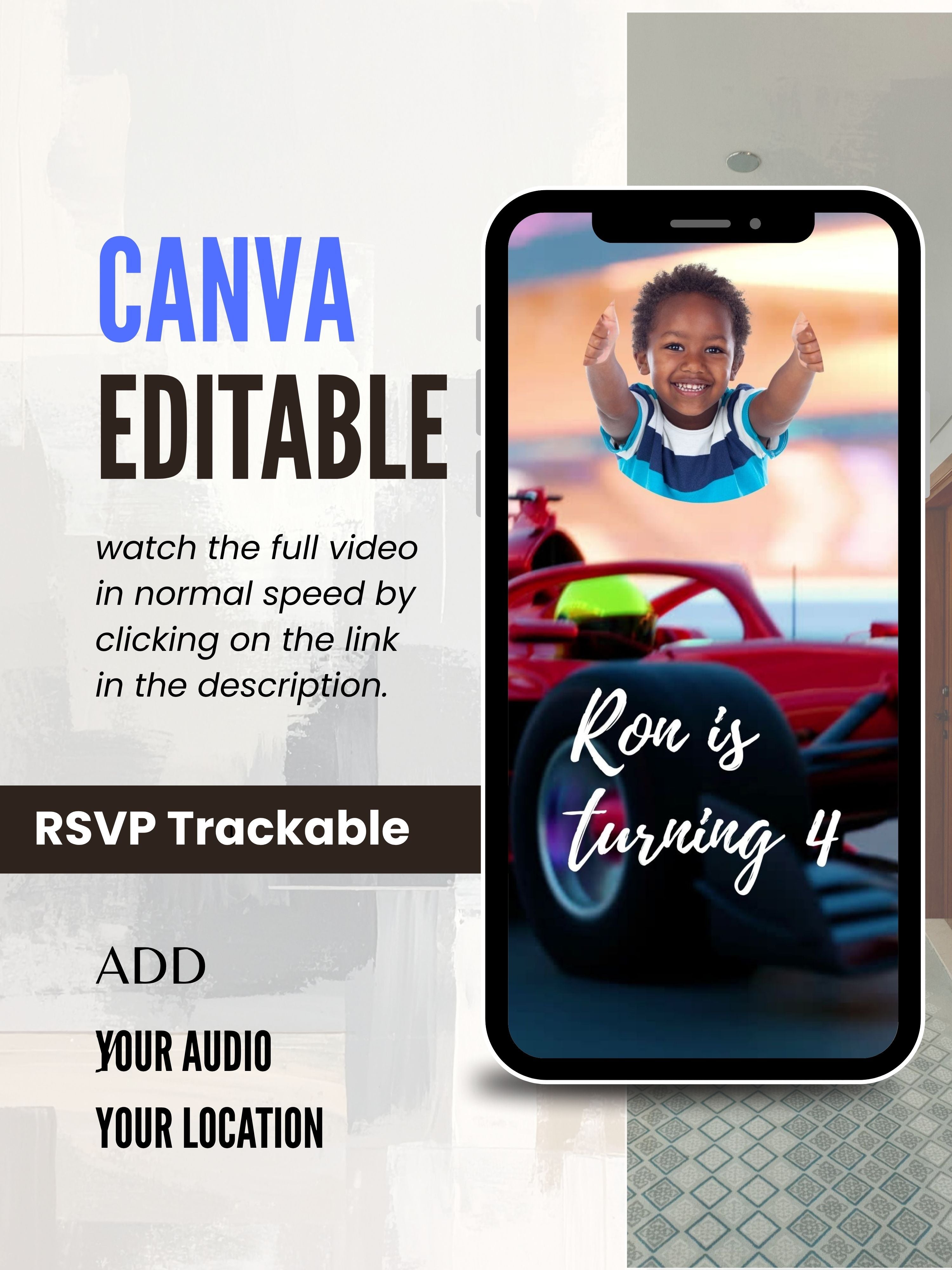 Commercial use-CAR RACING Birthday Video Invitation | Canva pro Template | Kids Race Party Invite | ki53c