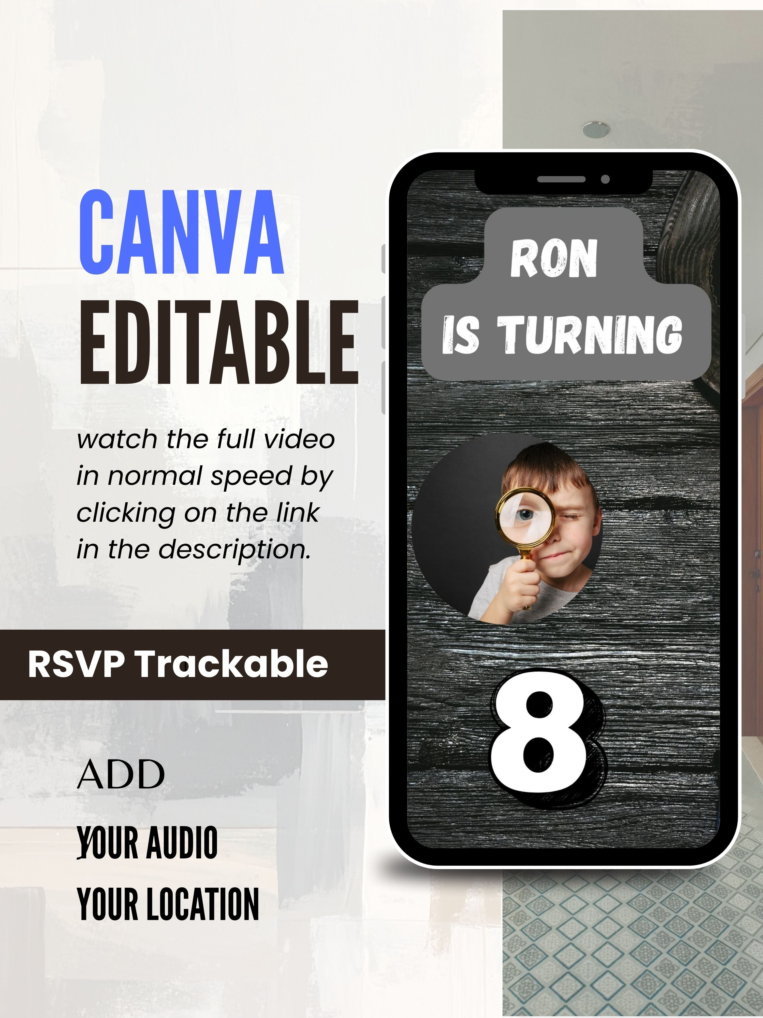 Commercial use-DETECTIVE kids Birthday Video Invitation | Canva Pro Template | Mystery Kids Party Invite | Spy Birthday Video | Instant Download|ki39c