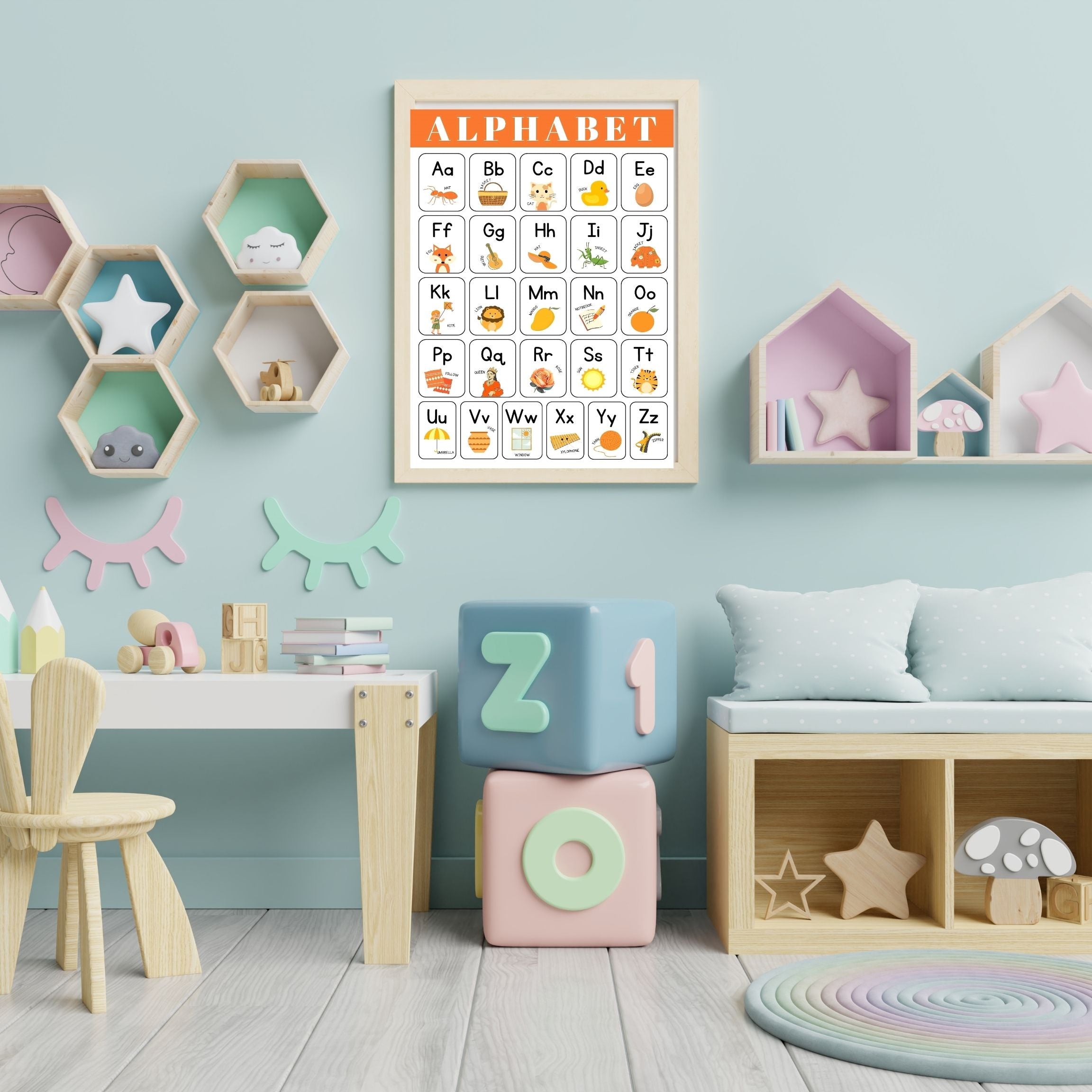 Alphabet Wall Art Printable, ABC Learning Poster, Kids Educational Decor, Nursery Wall Art, Preschool Classroom Print, Homeschool Decor, Digital Download|ke1-1