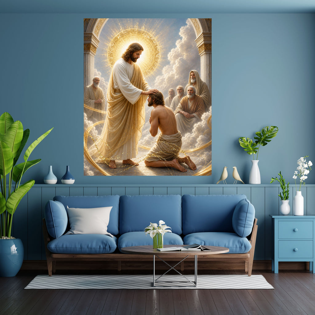 Jesus Blessing Kneeling Man Wall Art Printable | Laying on of Hands Divine Ordination Healing Touch Gold Arch Throne Room Print | Christian Faith Spiritual Gift Decor