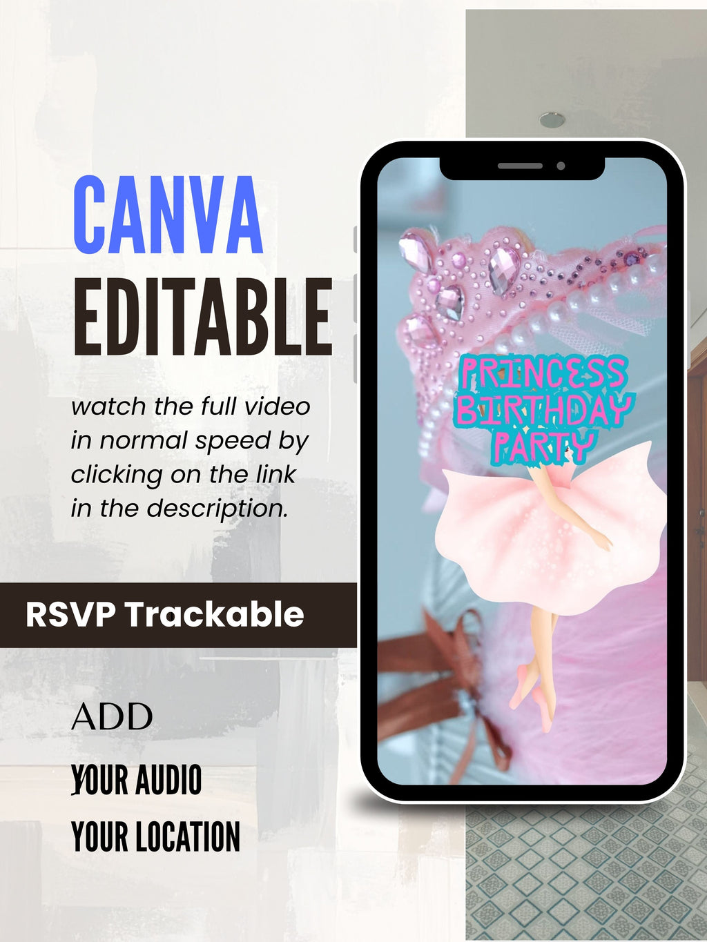 commercial use PRINCESS kids Birthday Invitation Video | Editable Canva pro Template | Kids Party Invite| ki55c