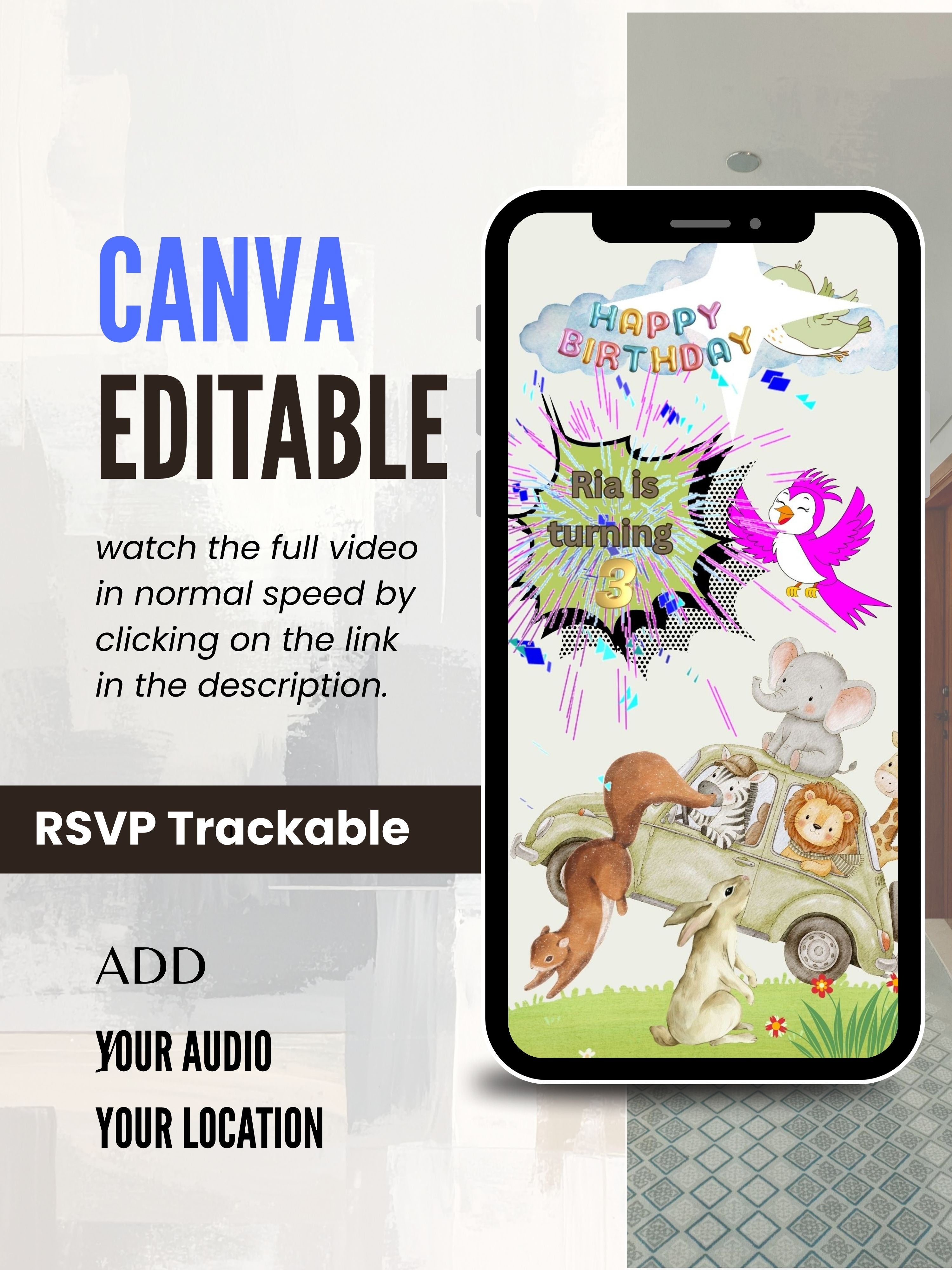 ANIMAL THEME Birthday Invitation Video | Editable Canva pro Template | Kids Party Invite | ki2