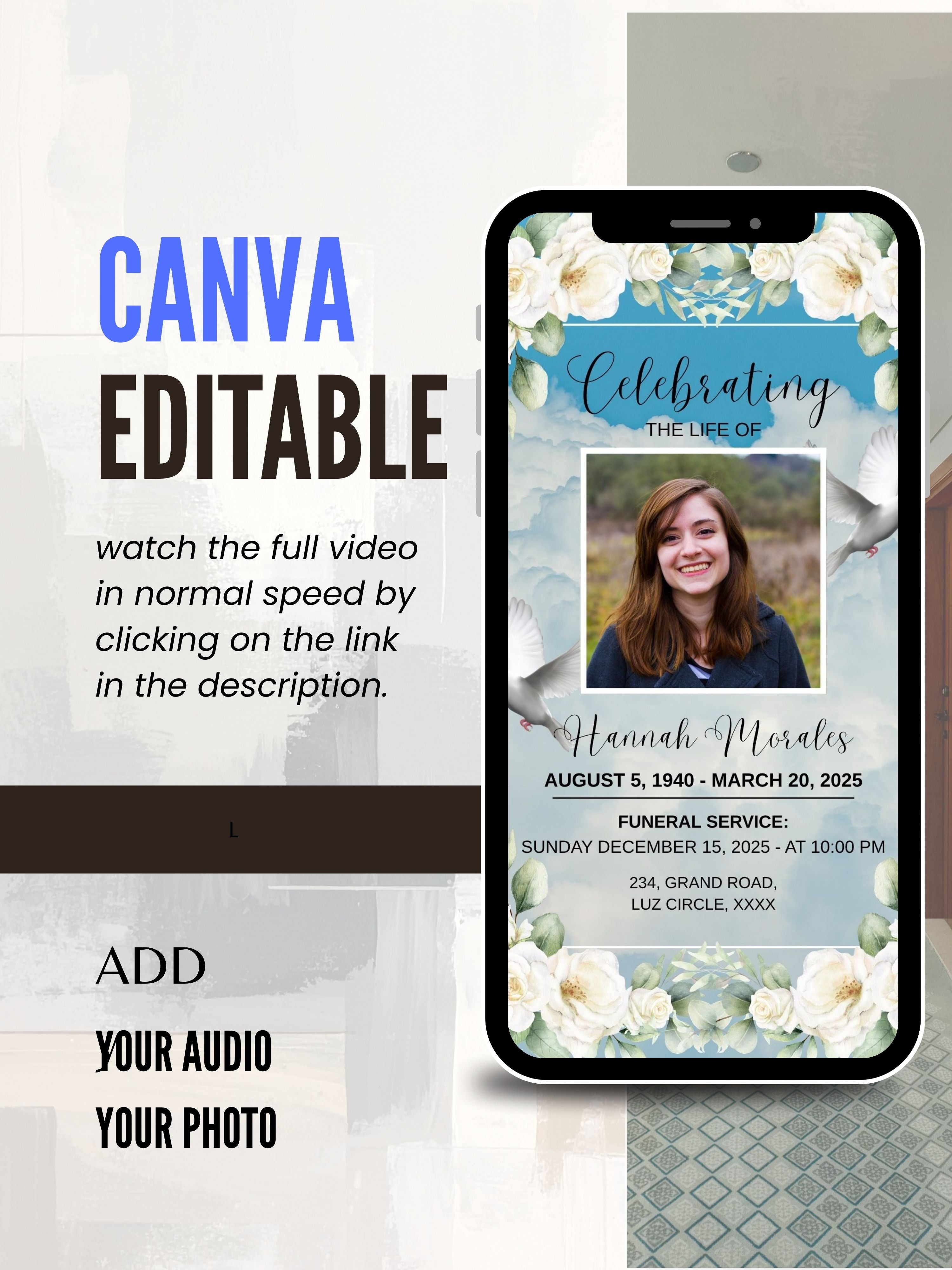 Editable FUNERAL SERVICE Invitation Video Template | Canva Funeral Invite | In Loving Memory | Celebration of Life | Memorial Service | Instant Download|ai2