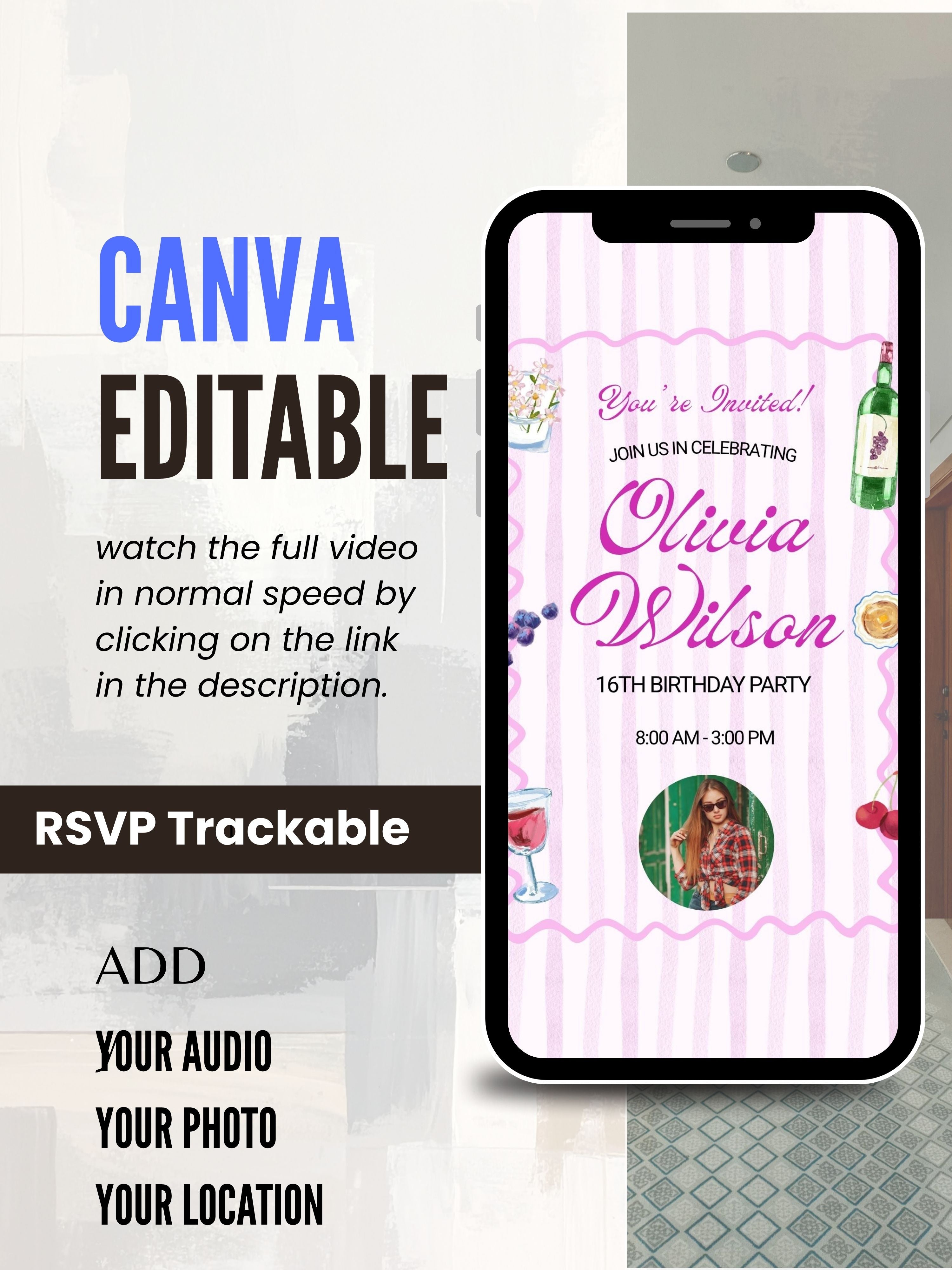 commercial use SWEET 16 Birthday Video Invitation | Canva Pro Template | Sweet Sixteen Party Invite | Photo, Music, QR Code | Instant Download|ai11c