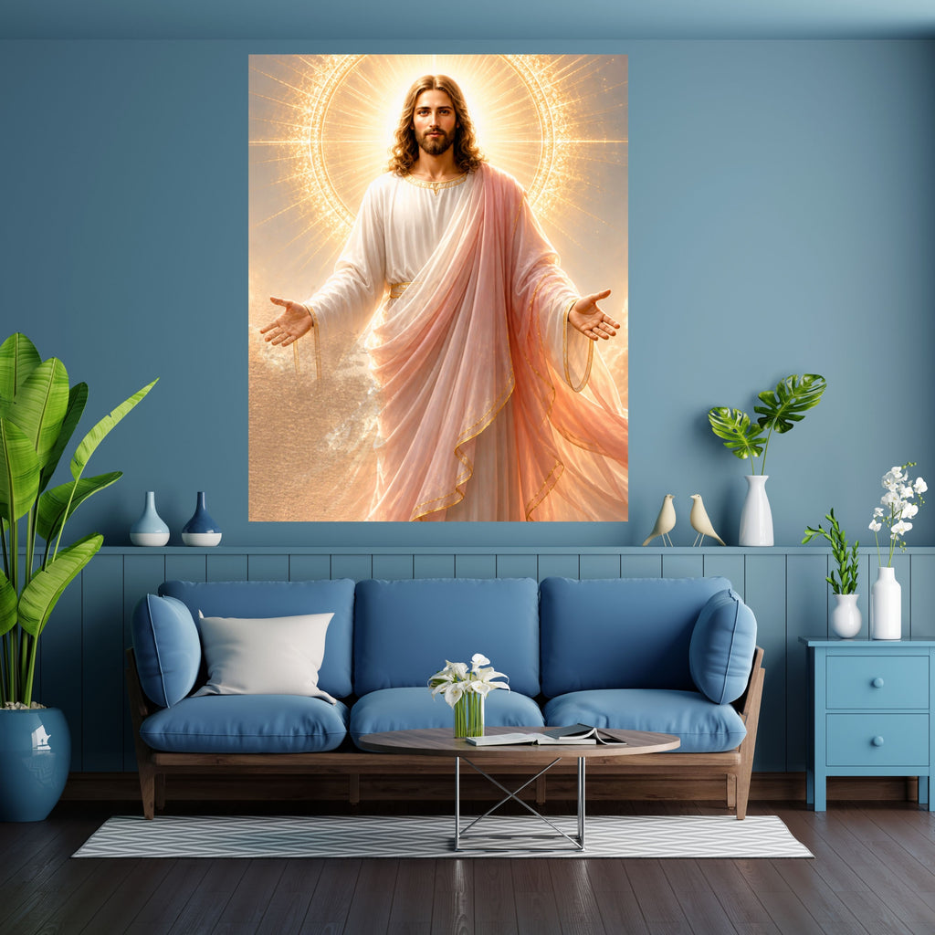 Jesus Light of the World Wall Art Printable | Smiling Direct Gaze Sunburst Cross Halo Print | Peach Mantle Gold Trim Divine Mercy Sacred Heart Decor
