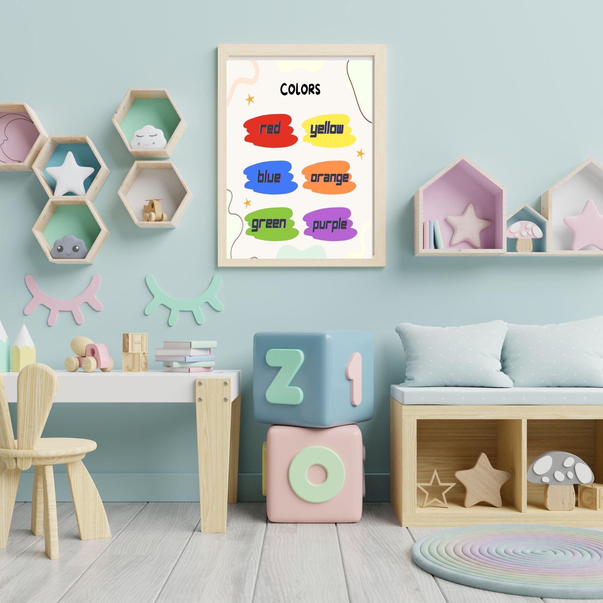 Learn Colors Wall Art for Kids | Educational Nursery Decor | Preschool Color Recognition Poster | Kids Printable Learning Art|ke3-7