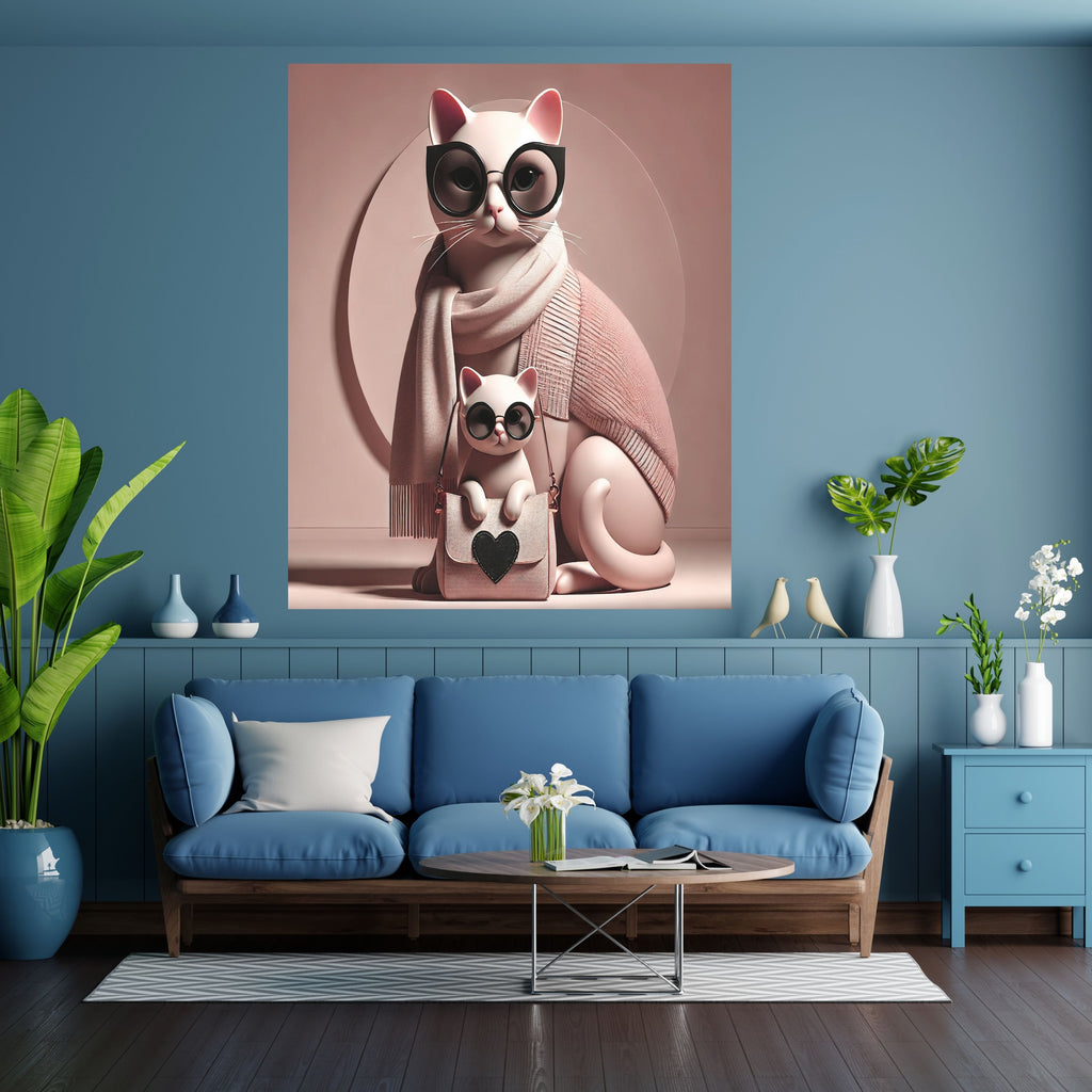 Fashionable Cat Mother and Kitten Wall Art Printable, Cute Cat with Sunglasses Pink Scarf Heart Bag Nursery Poster, Blush Pink Cat Lover Home Decor Print, Digital Download, 300 DPI