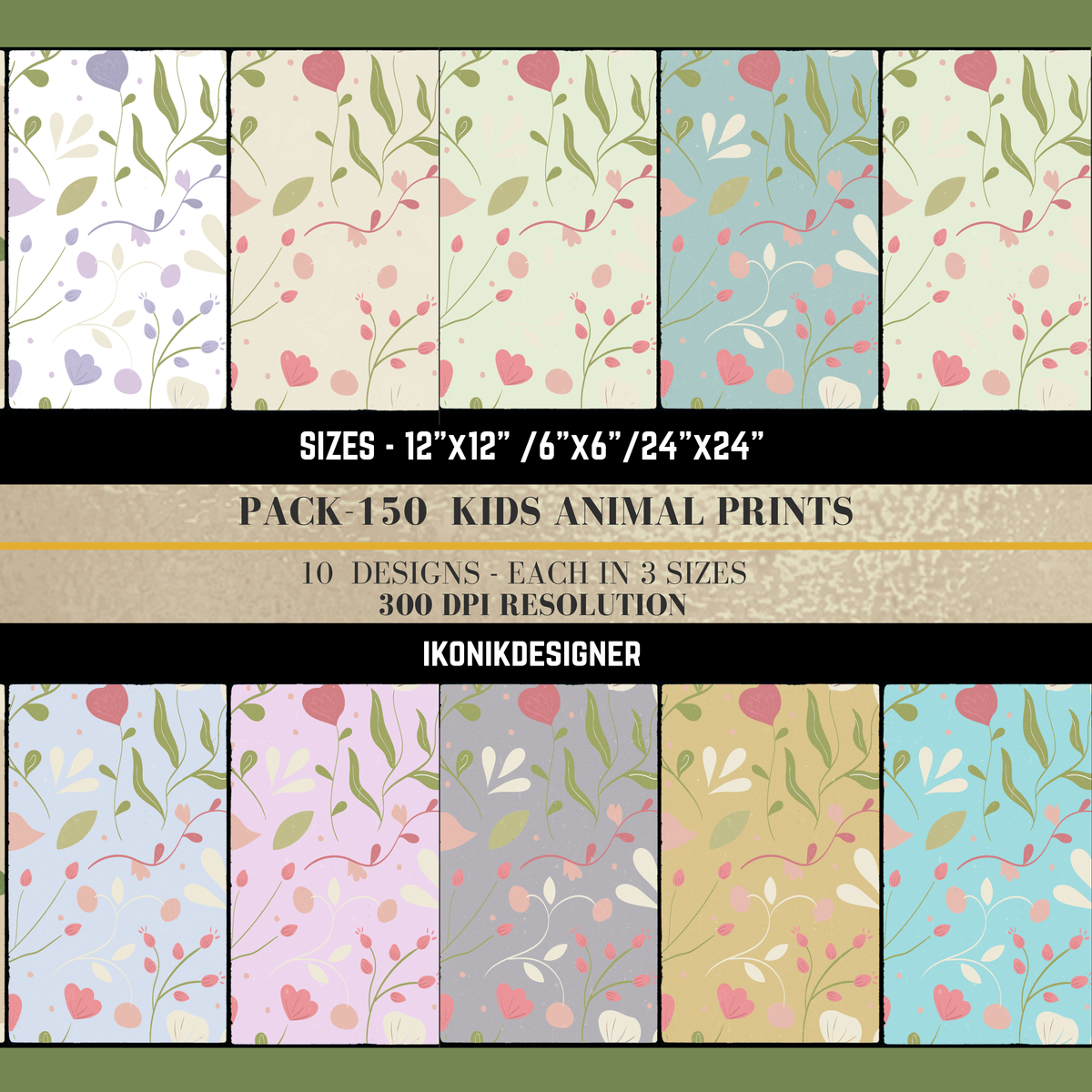 Sky Blue Botanical Garden Seamless Pattern Bundle 10 Colourways - Floral Digital Paper Raspberry Tulips Blush Petals Olive Leaves Pink Rosebuds Girls Room Nursery Personal Use